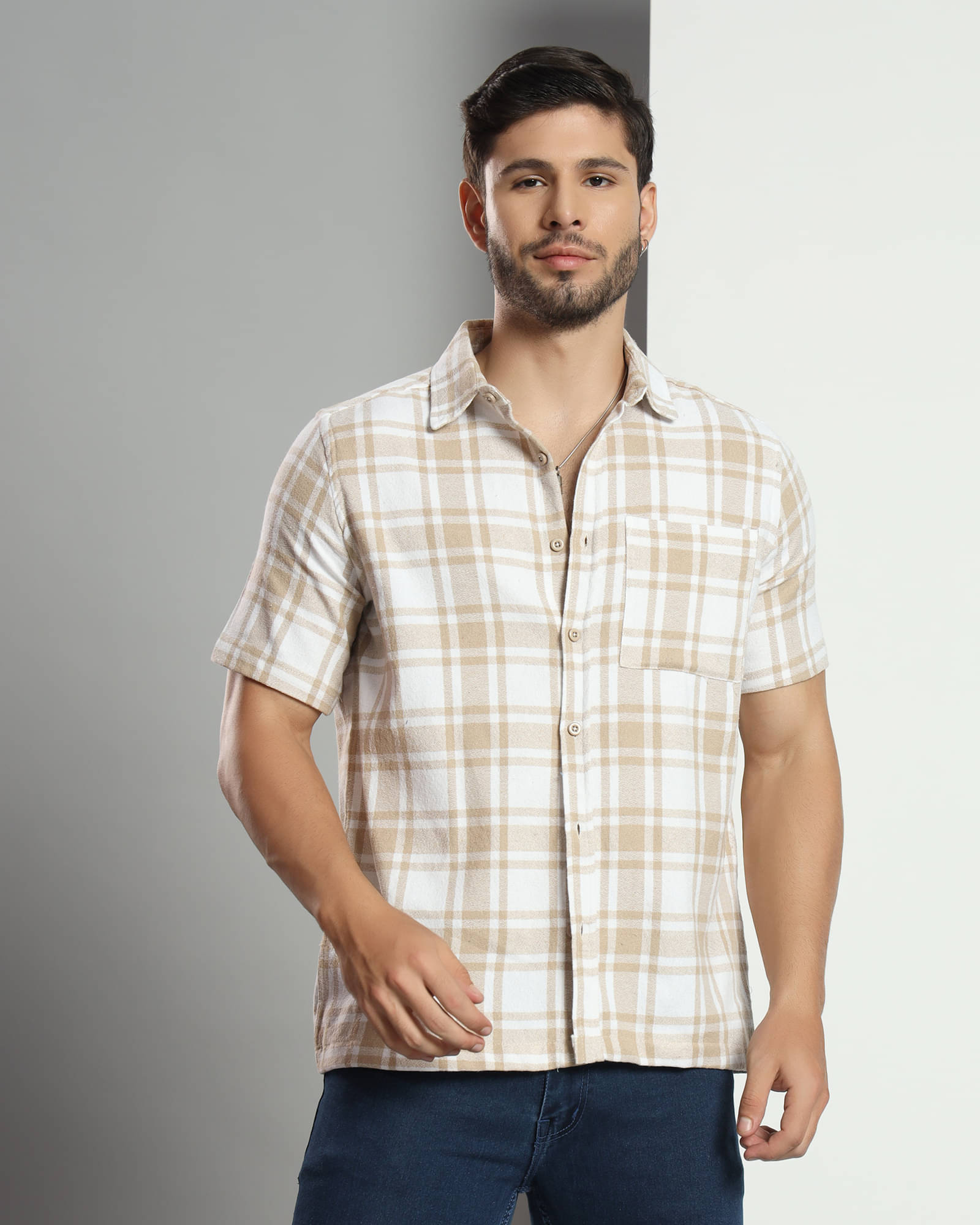 Chimpaaanzee Cotton Blend Regular Fit Checks Half Sleeves Men's Casual Shirt - Beige ( Pack of 1 ) Chimpaaanzee Cotton Blend Regular Fit Checks Half Sleeves Men's Casual Shirt - Beige ( Pack of 1 )