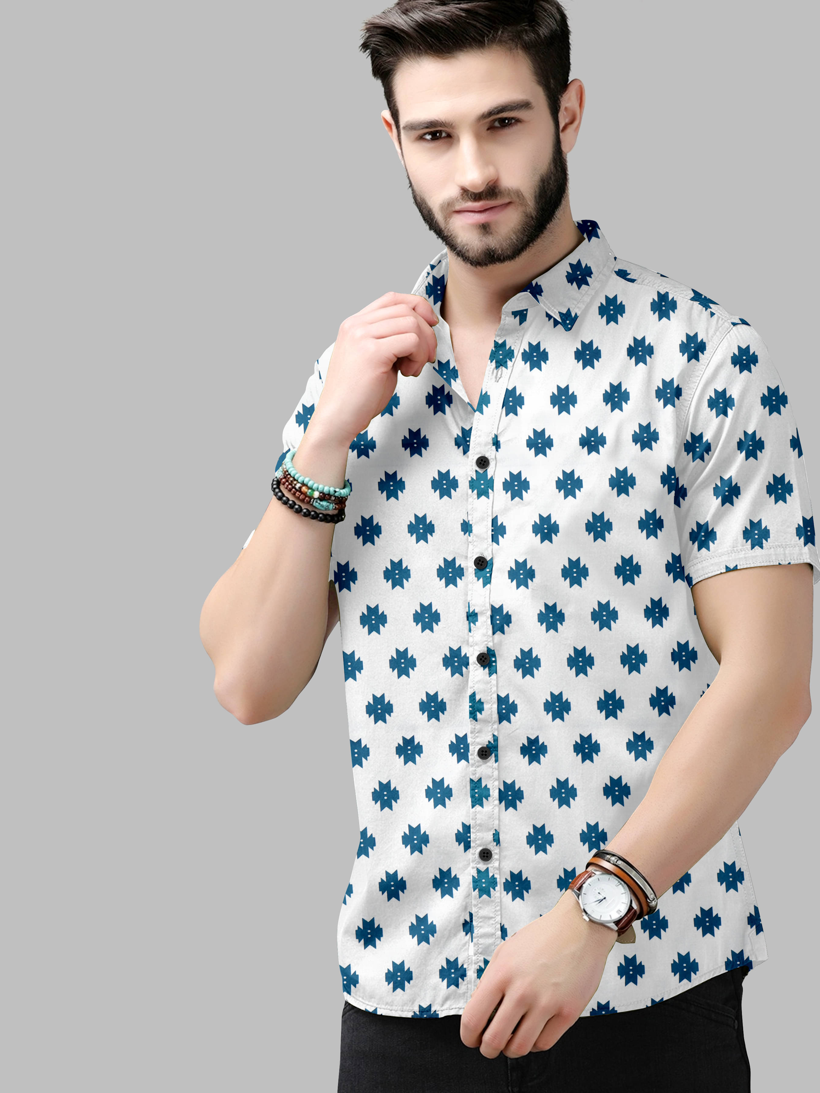 Fashionfricks Cotton Flex Regular Fit Printed Half Sleeves Men's Casual Shirt - White ( Pack of 1 )     			Fashionfricks Cotton Flex Regular Fit Printed Half Sleeves Men's Casual Shirt - White ( Pack of 1 )