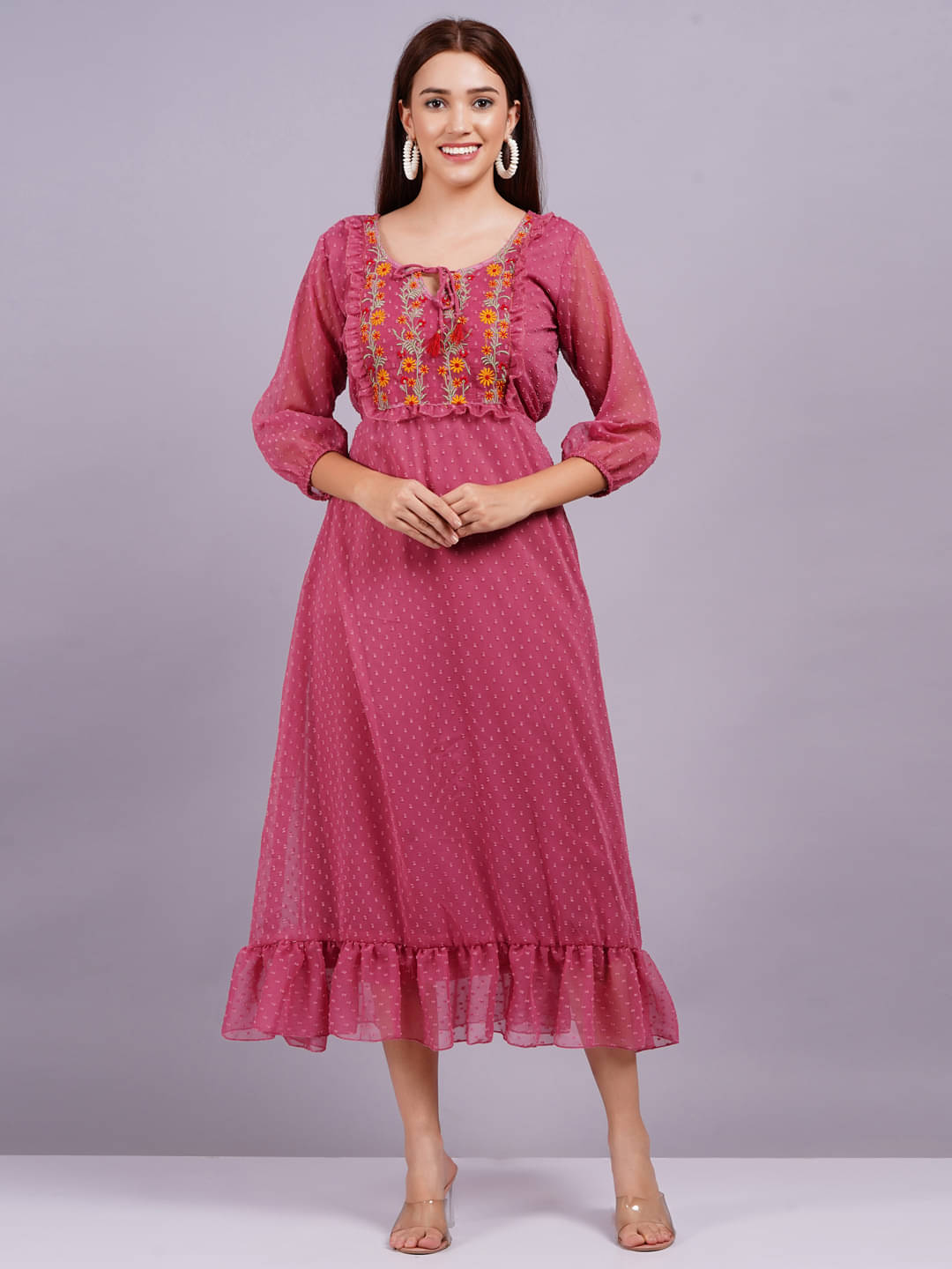 HIGHLIGHT FASHION EXPORT Women Georgette Solid Fit & Flare Dress ( Pink ) HIGHLIGHT FASHION EXPORT Women Georgette Solid Fit & Flare Dress ( Pink )
