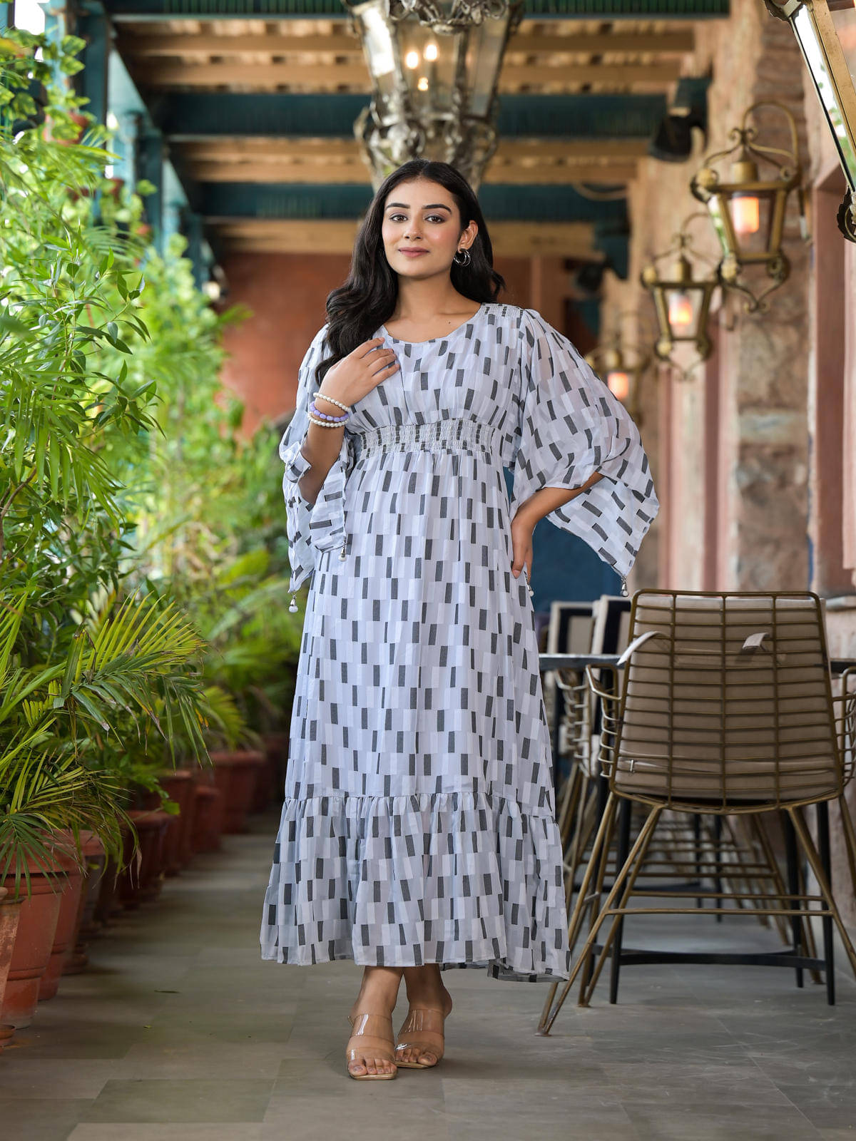     			Juniper Women Georgette Printed Fit & Flare Dress ( Grey )