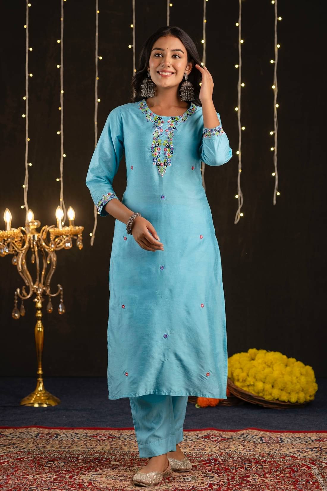 Kohsh Silk Embroidered Straight Women's Kurti - Blue ( Pack of 1 ) Kohsh Silk Embroidered Straight Women's Kurti - Blue ( Pack of 1 )