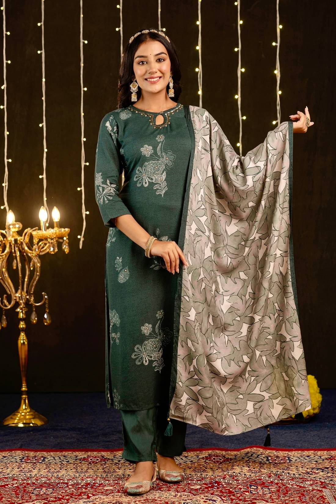     			Kohsh Silk Printed Kurti With Pants Women's Stitched Salwar Suit - Green ( Pack of 1 )