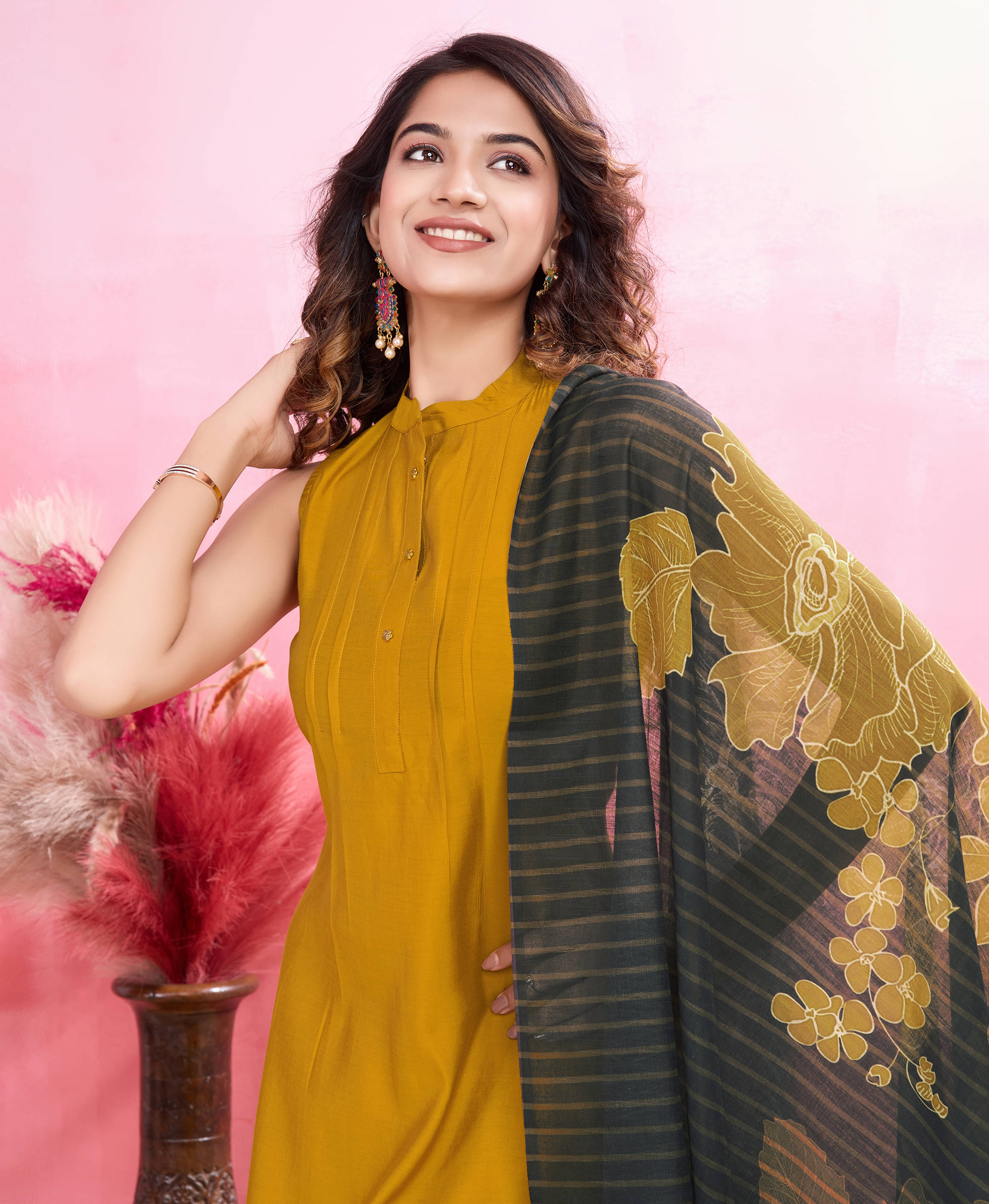     			MOJILAA Silk Blend Solid Kurti With Pants Women's Stitched Salwar Suit - Mustard ( Pack of 1 )