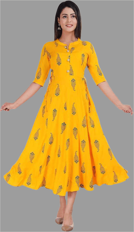 NUPITAL Viscose Printed Anarkali Women's Kurti - Yellow ( Pack of 1 )     			NUPITAL Viscose Printed Anarkali Women's Kurti - Yellow ( Pack of 1 )