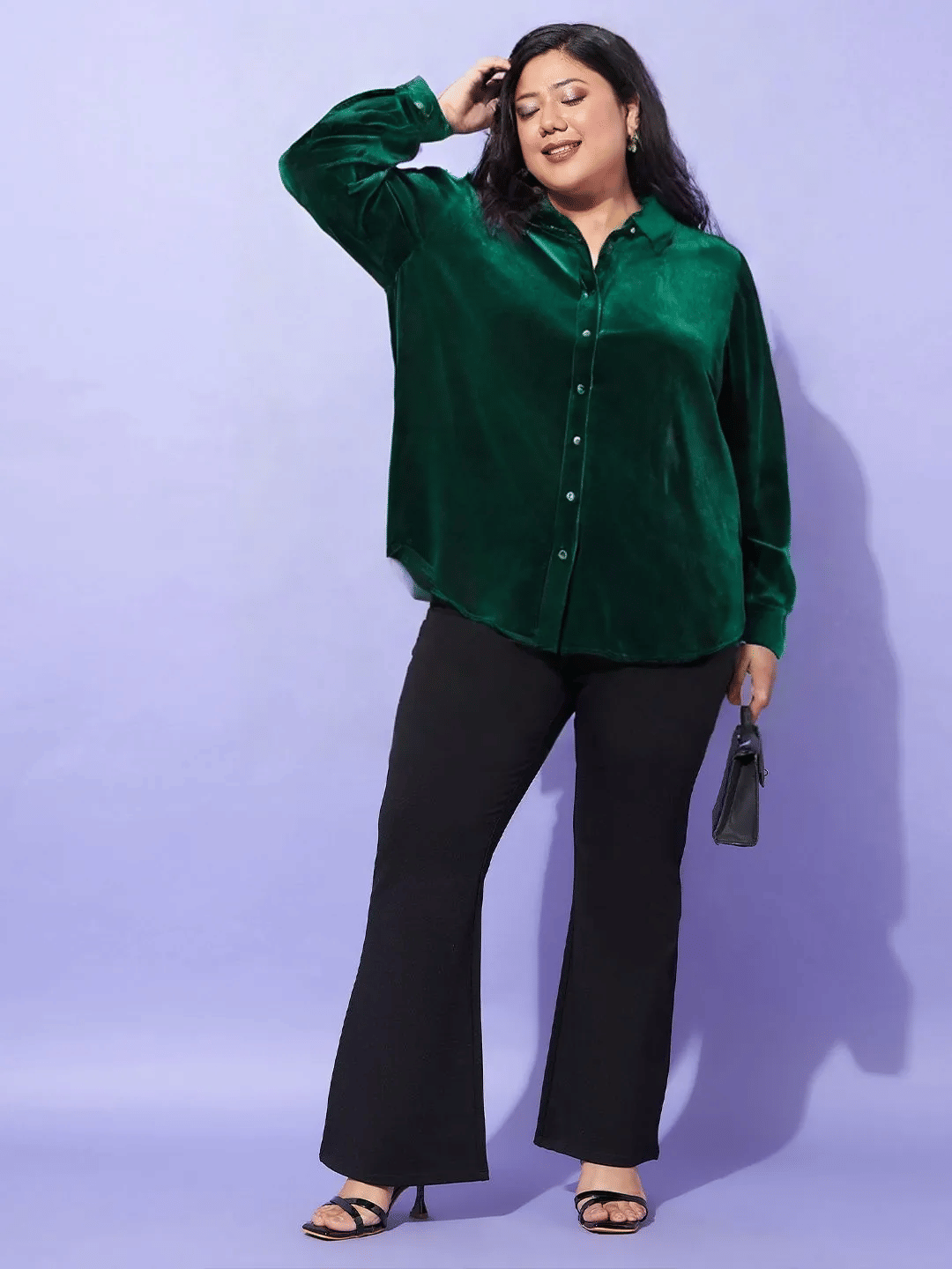 PLUS PARADISE Women Solid Velvet Shirt ( Green )     			PLUS PARADISE Women Solid Velvet Shirt ( Green )