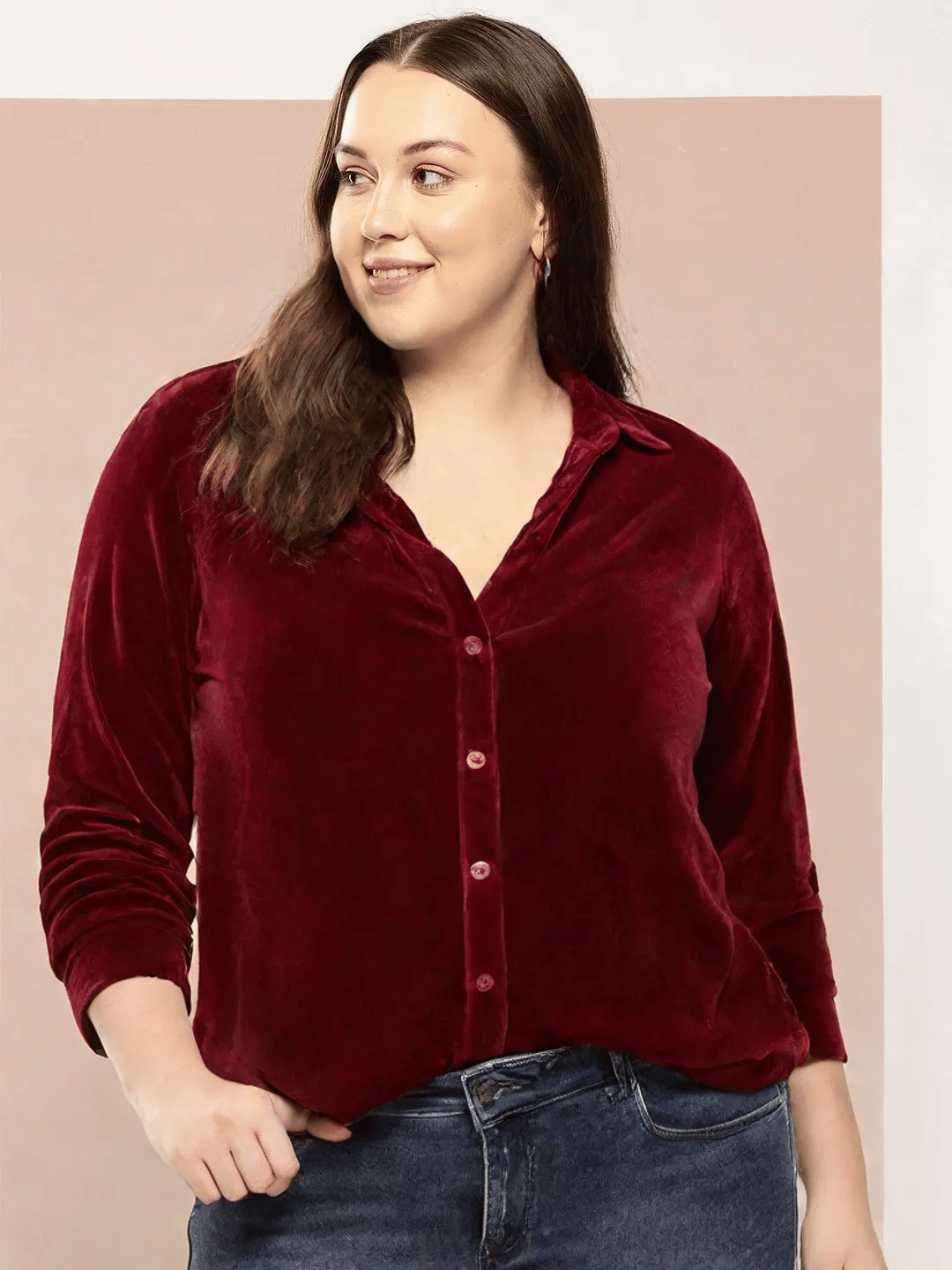 PLUS PARADISE Women Solid Velvet Shirt ( Maroon )     			PLUS PARADISE Women Solid Velvet Shirt ( Maroon )