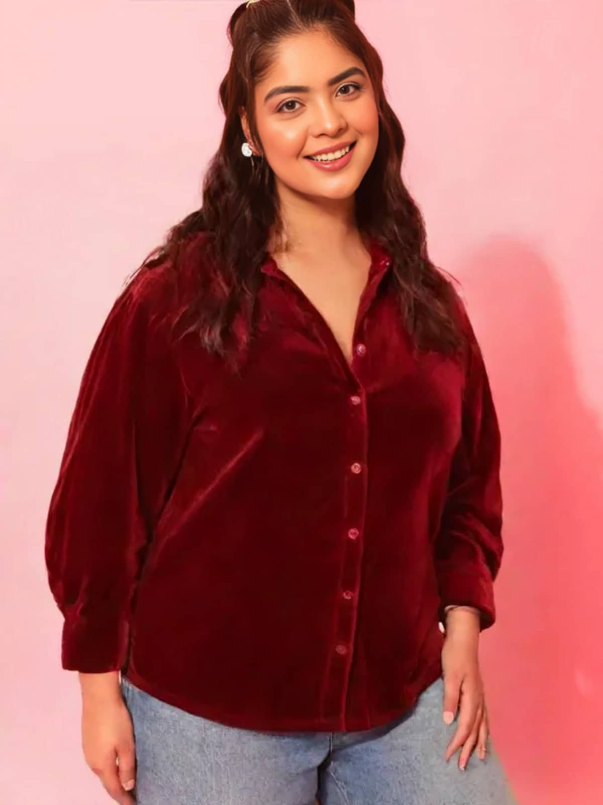 PLUS PARADISE Women Solid Velvet Shirt ( Maroon )