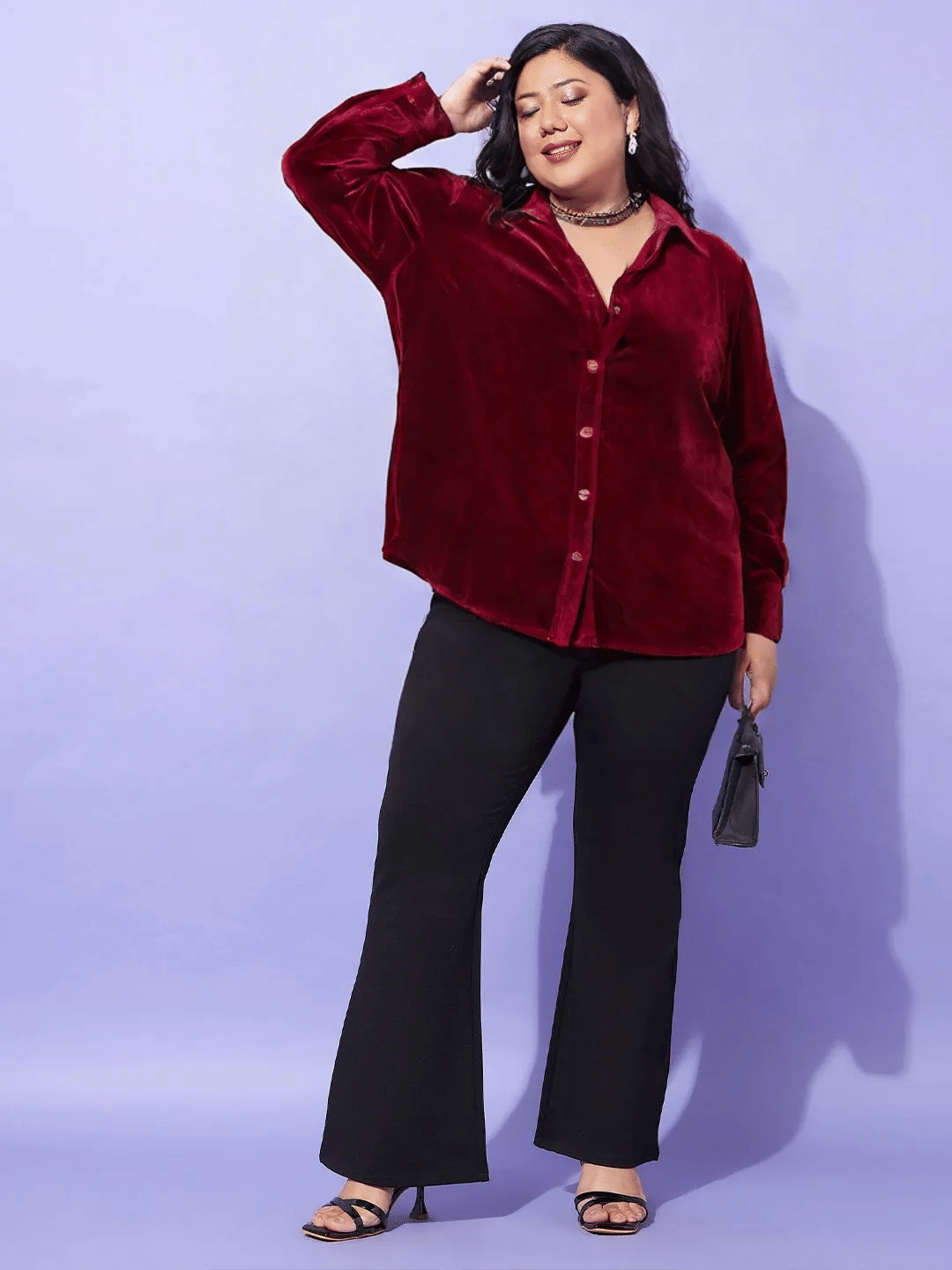 PLUS PARADISE Women Solid Velvet Shirt ( Maroon )     			PLUS PARADISE Women Solid Velvet Shirt ( Maroon )