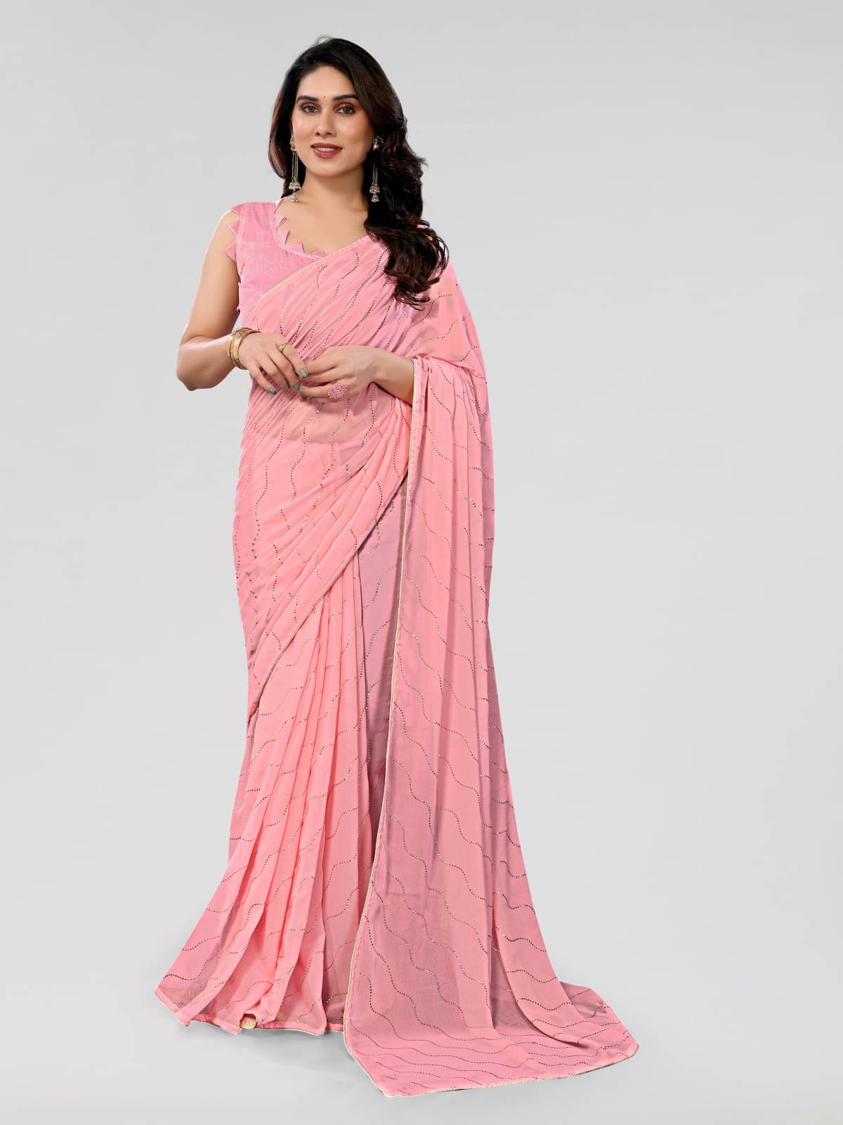     			BLEESBURY Georgette Embellished Saree With Unstitched Blouse Piece ( Pink )