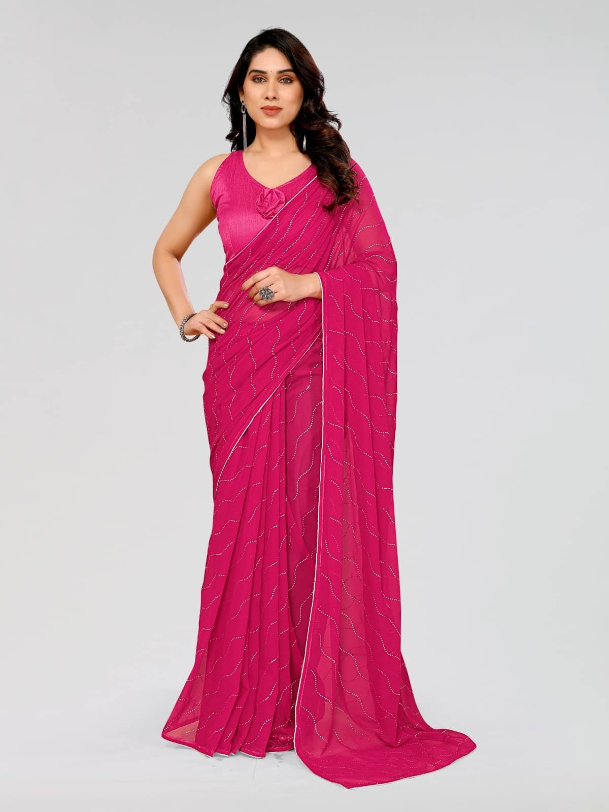     			BLEESBURY Georgette Embellished Saree With Unstitched Blouse Piece ( Pink )