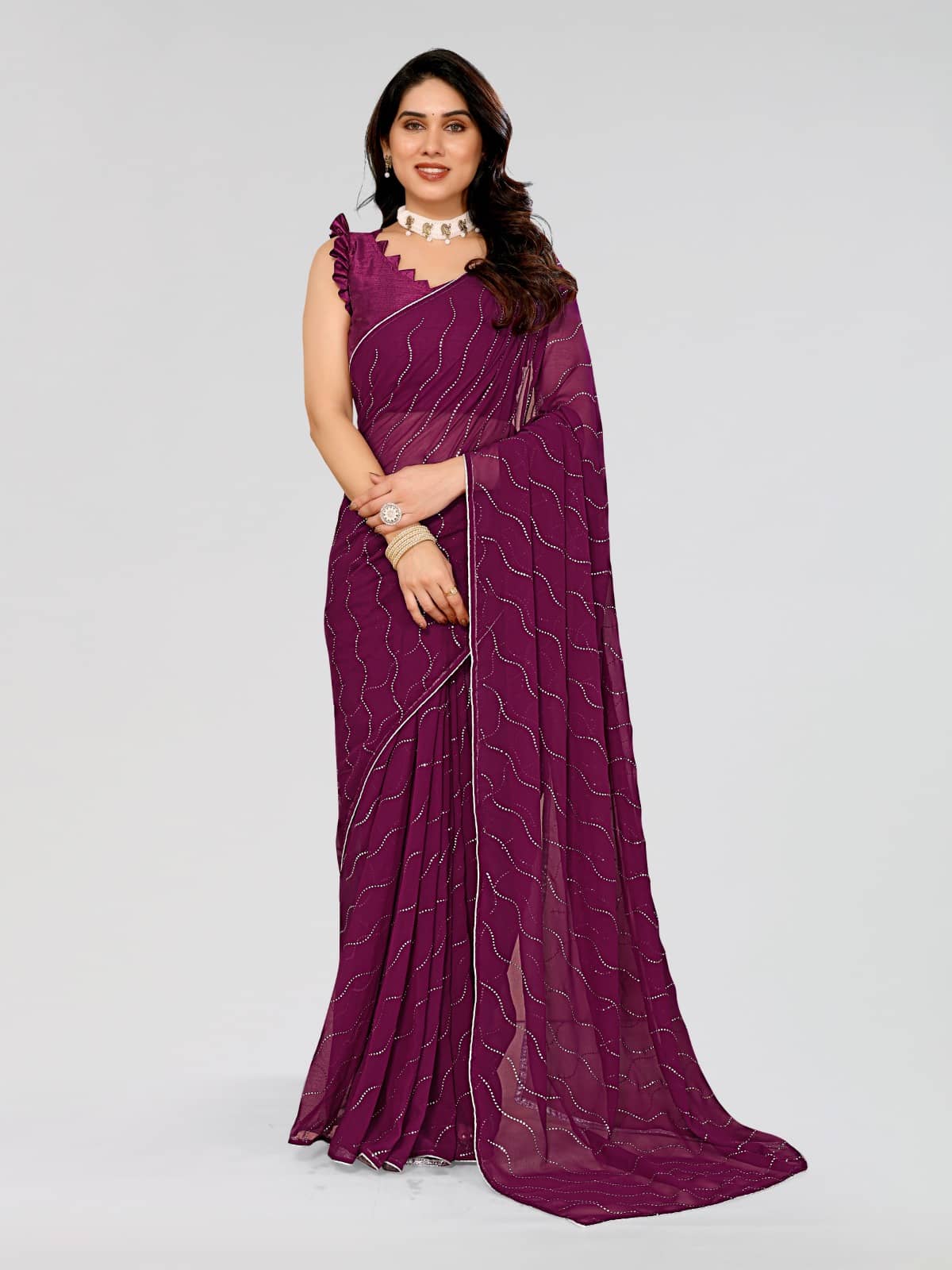BLEESBURY Georgette Embellished Saree With Unstitched Blouse Piece ( Mauve ) - Sarees | Buy online on ZillyBuy