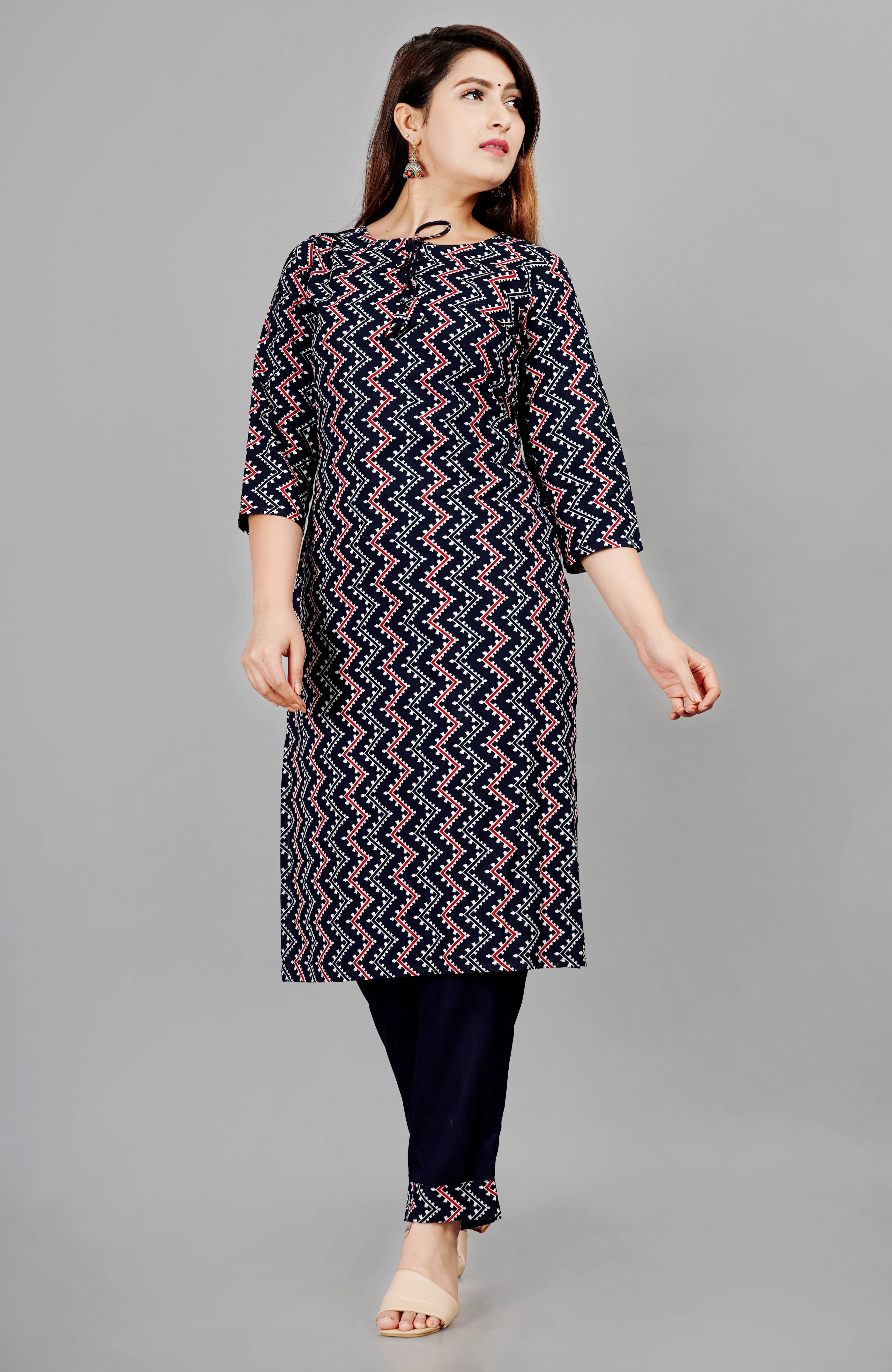 SIPET Women Rayon Printed Straight Kurti With Pants ( Navy Blue )     			SIPET Women Rayon Printed Straight Kurti With Pants ( Navy Blue )