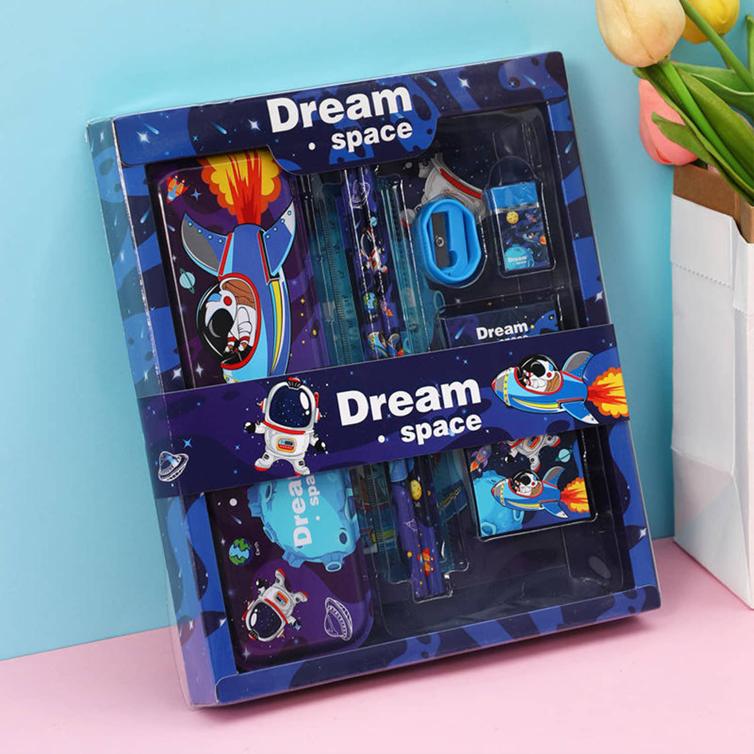 Space Printed Stationary Kit Pencil Box, Pencil Sharpner Eraser Scale Cryon Kit for Kids - Stationery | Buy online on ZillyBuy