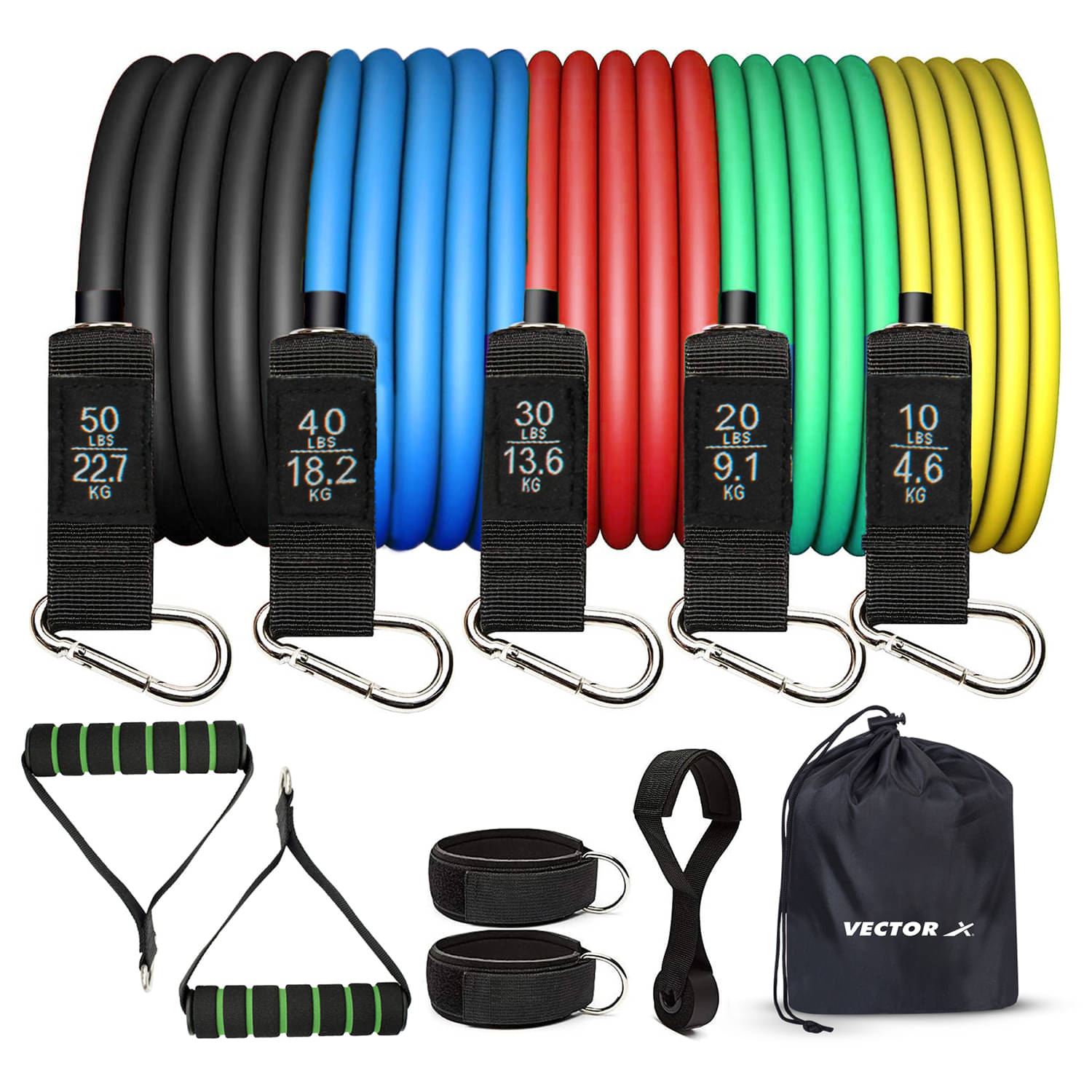 Vector X Nylon Latex Tube with D Handles 5 in 1 Resistance Tonning Tube Band Set with 2 Foam Handles, 2 Ankle Straps, 1 Door Anchor & 1 Bag for Pilates Training, Gym, Physical Therapy (Multi Colour) Vector X Nylon Latex Tube with D Handles 5 in 1 Resistance Tonning Tube Band Set with 2 Foam Handles, 2 Ankle Straps, 1 Door Anchor & 1 Bag for Pilates Training, Gym, Physical Therapy (Multi Colour)
