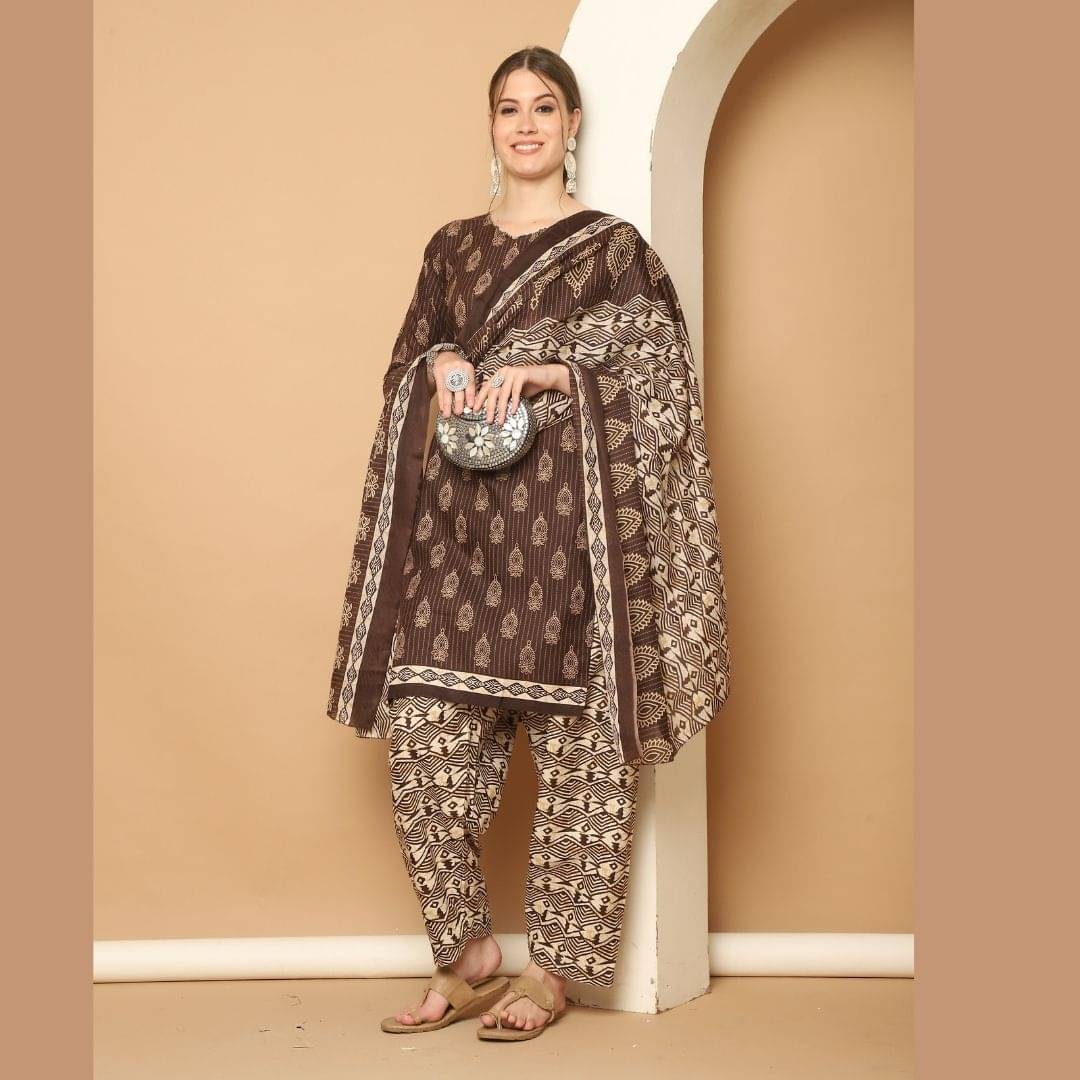wonder weave Women Cotton Blend Printed Straight Kurti With Patiala Salwar ( Brown ) wonder weave Women Cotton Blend Printed Straight Kurti With Patiala Salwar ( Brown )