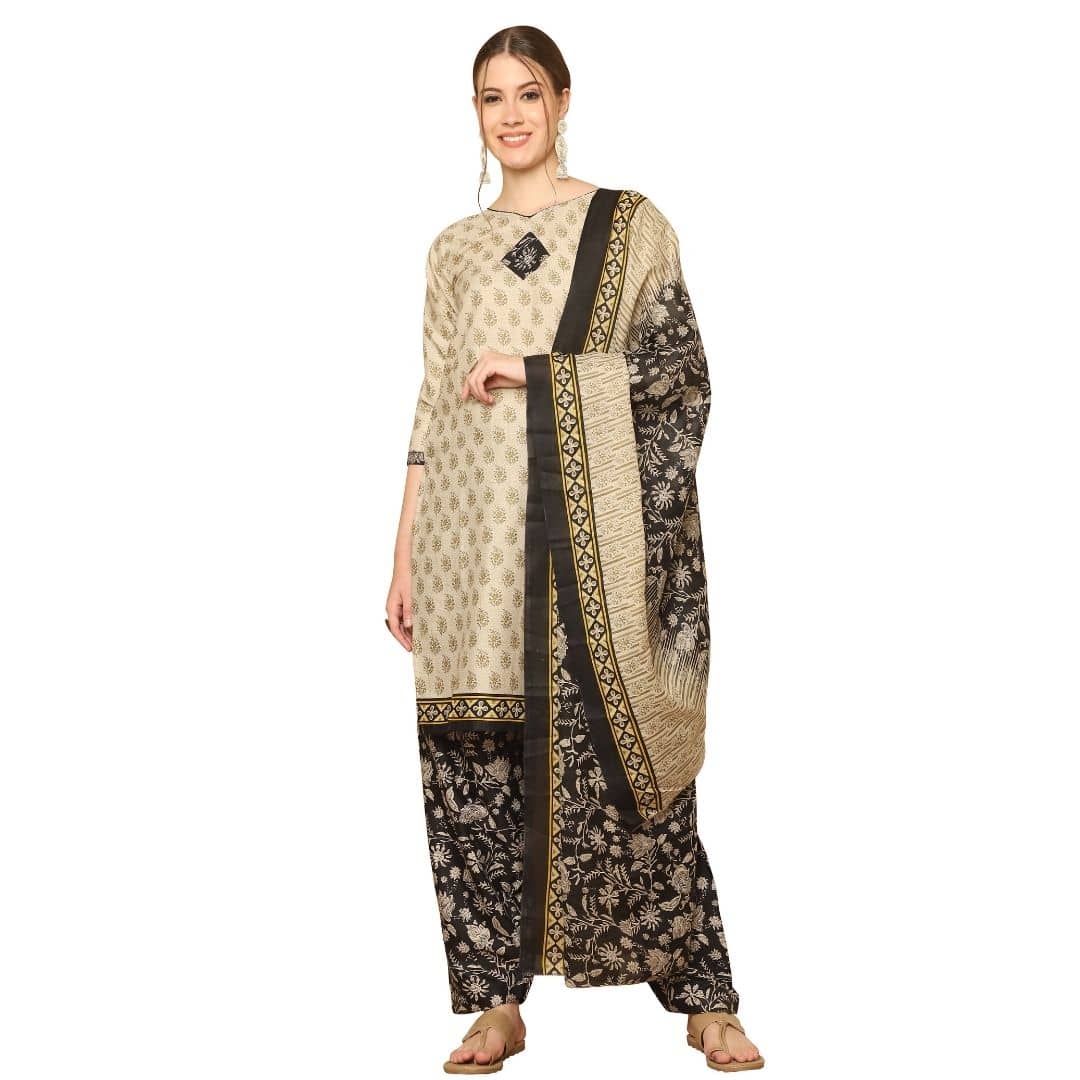 wonder weave Women Cotton Blend Printed Straight Kurti With Patiala Salwar ( Beige )