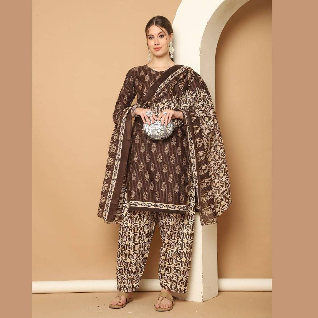 wonder weave Women Cotton Blend Printed Straight Kurti With Patiala Salwar ( Brown ) wonder weave Women Cotton Blend Printed Straight Kurti With Patiala Salwar ( Brown )