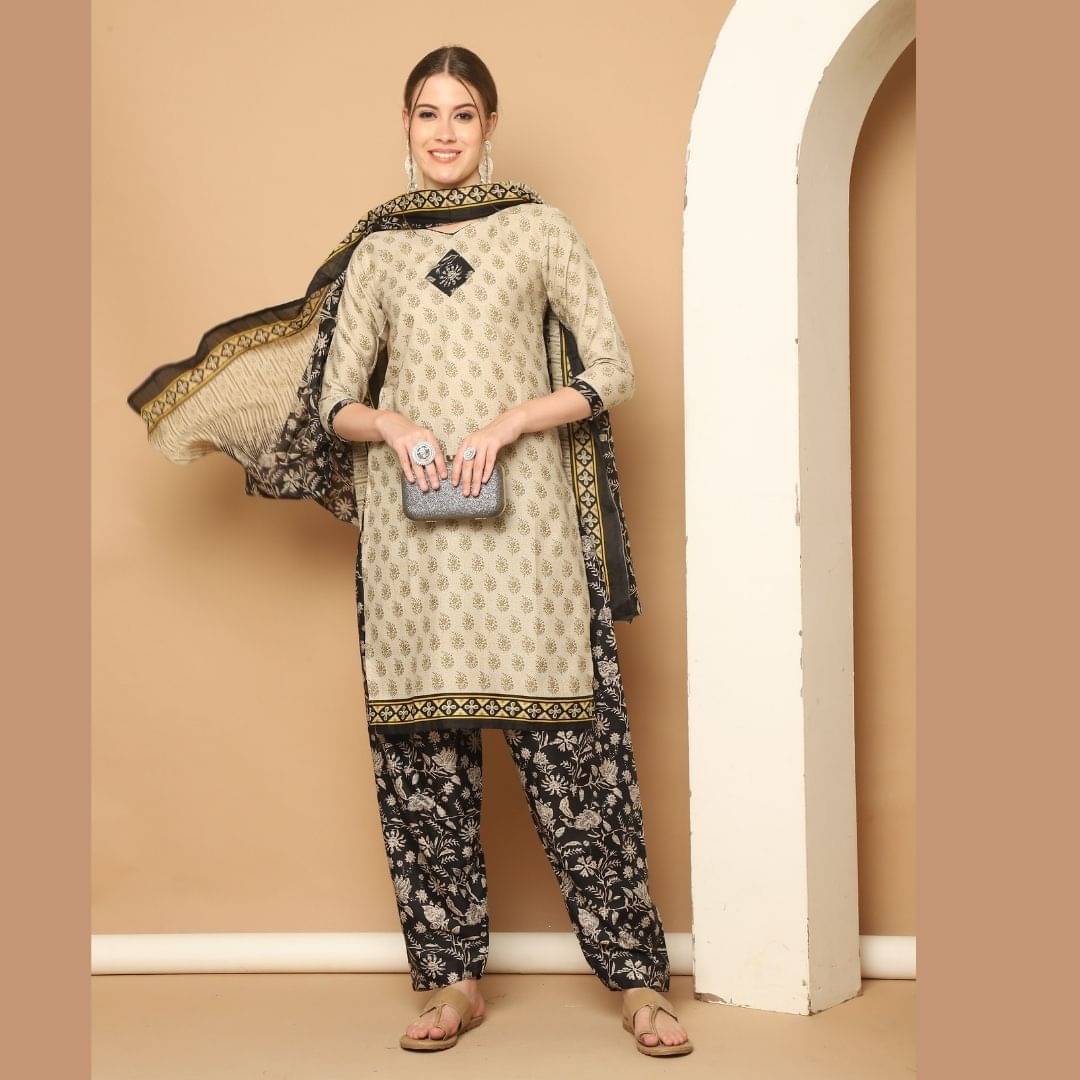 wonder weave Women Cotton Blend Printed Straight Kurti With Patiala Salwar ( Beige ) wonder weave Women Cotton Blend Printed Straight Kurti With Patiala Salwar ( Beige )