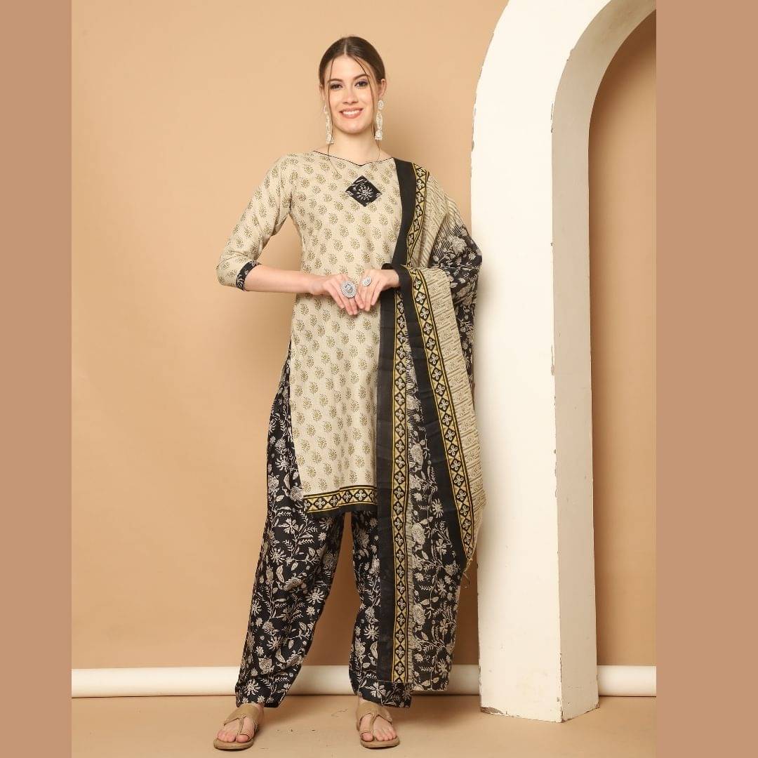 wonder weave Women Cotton Blend Printed Straight Kurti With Patiala Salwar ( Beige ) wonder weave Women Cotton Blend Printed Straight Kurti With Patiala Salwar ( Beige )