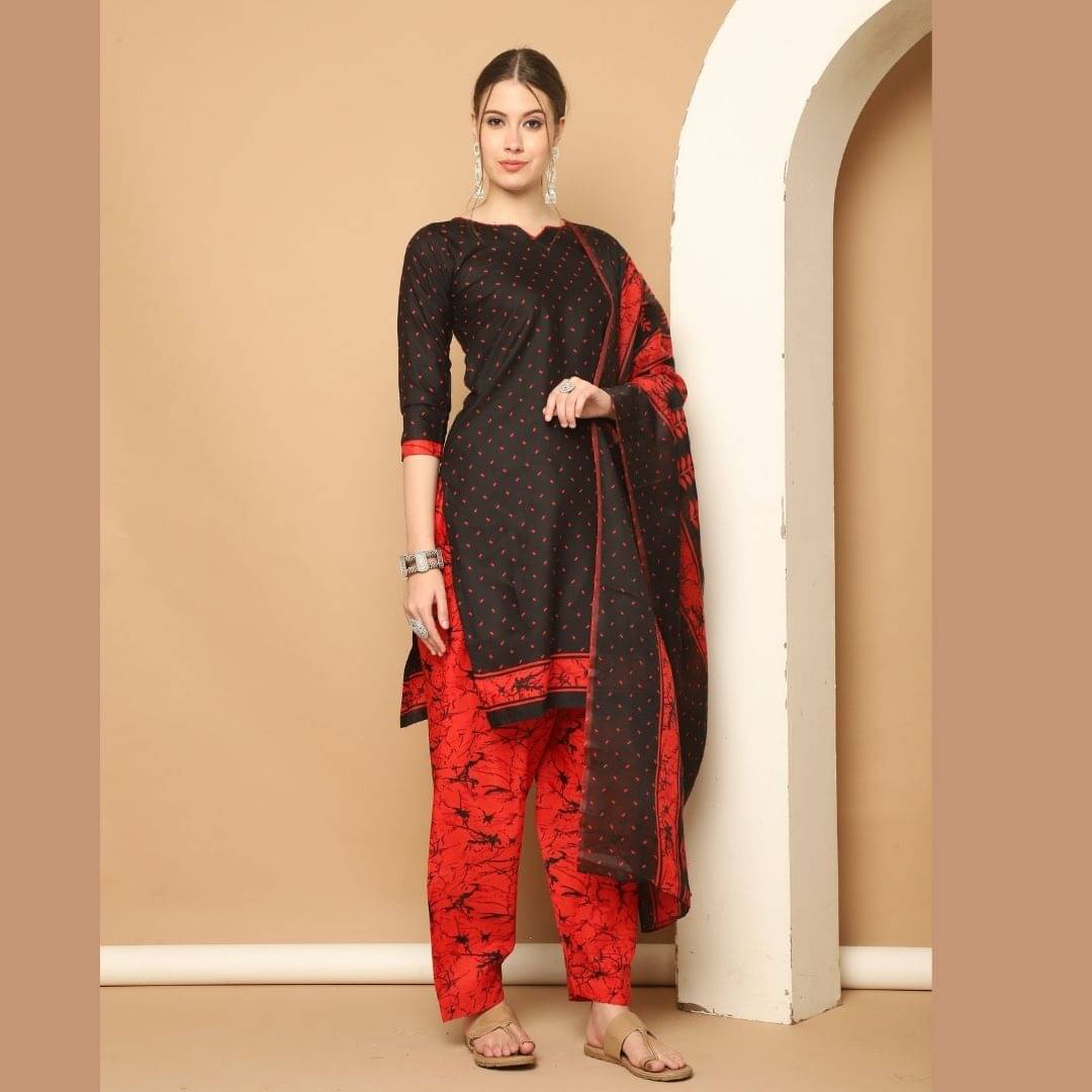 wonder weave Women Cotton Blend Printed Straight Kurti With Patiala Salwar ( Black ) wonder weave Women Cotton Blend Printed Straight Kurti With Patiala Salwar ( Black )