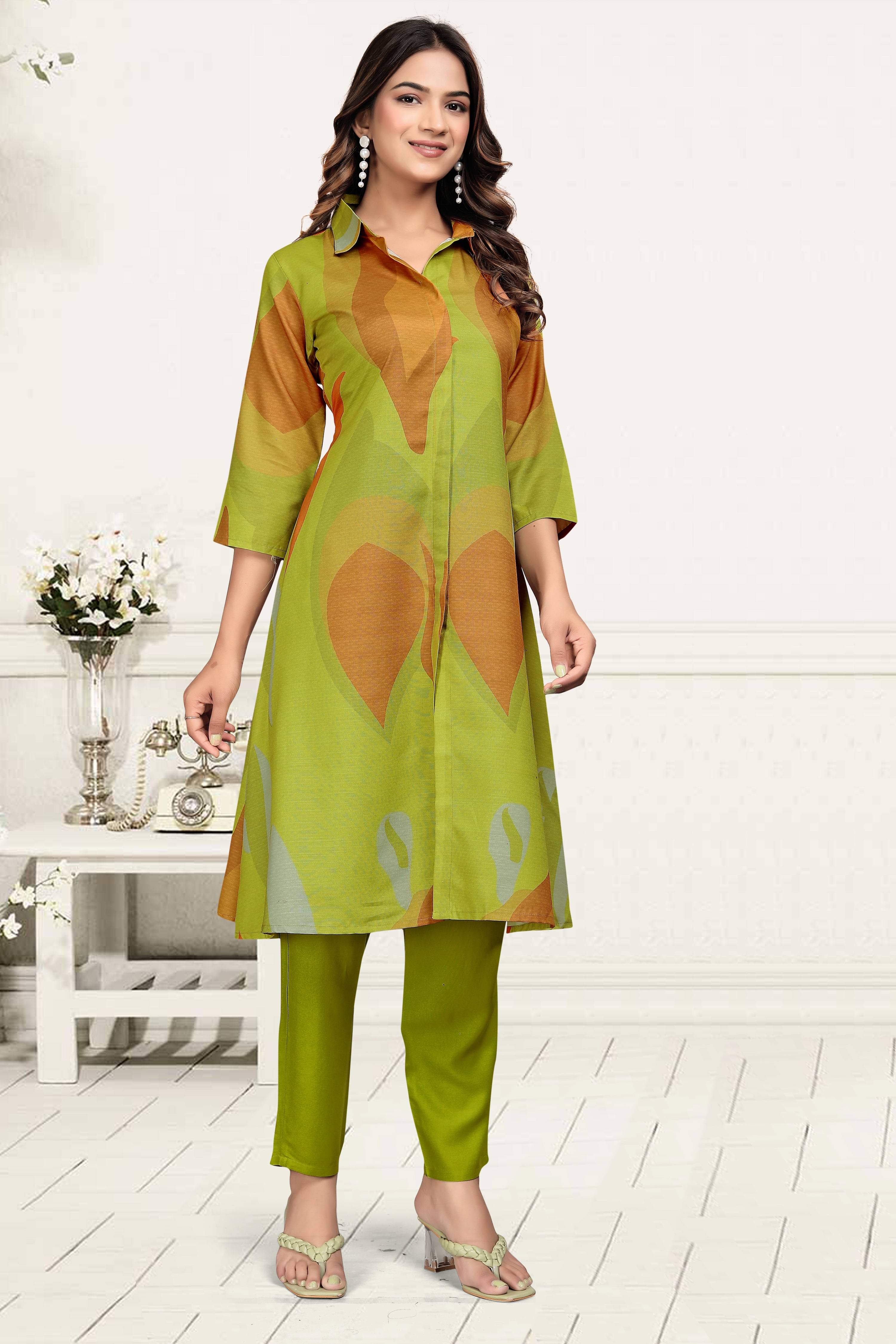 Apnisha Women Cotton Blend Printed Front Slit Kurti With Pants ( Olive ) Apnisha Women Cotton Blend Printed Front Slit Kurti With Pants ( Olive )