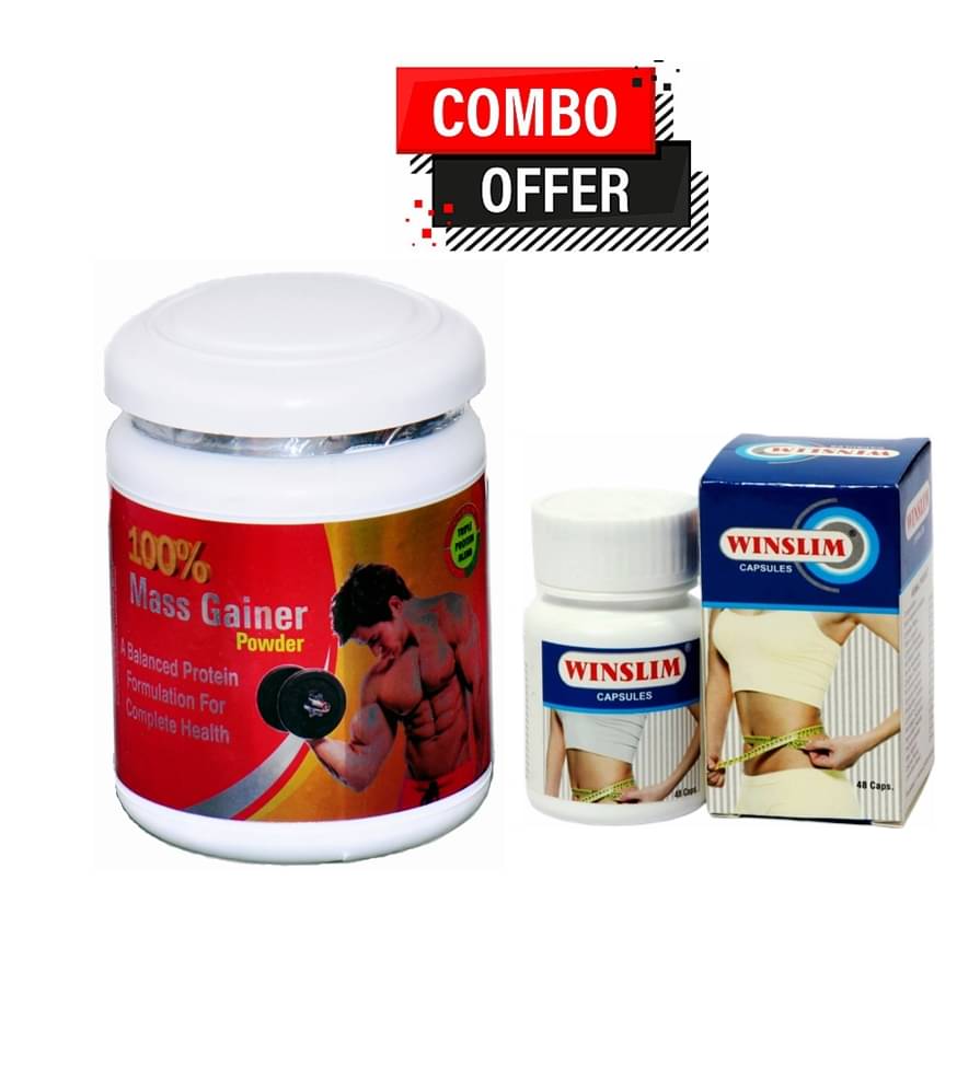 Dr. Chopra Rikhi 100% Mass gainer Powder 300gm & Wintrust Winslim Capsule 30 no.s Unflavoured Single Pack Dr. Chopra Rikhi 100% Mass gainer Powder 300gm & Wintrust Winslim Capsule 30 no.s Unflavoured Single Pack