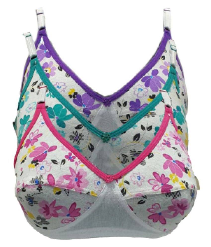 Kiran Enterprises Pack of 3 Cotton Blend Non Padded Women's T-Shirt Bra ( Pink,Purple,Green )     			Kiran Enterprises Pack of 3 Cotton Blend Non Padded Women's T-Shirt Bra ( Pink,Purple,Green )