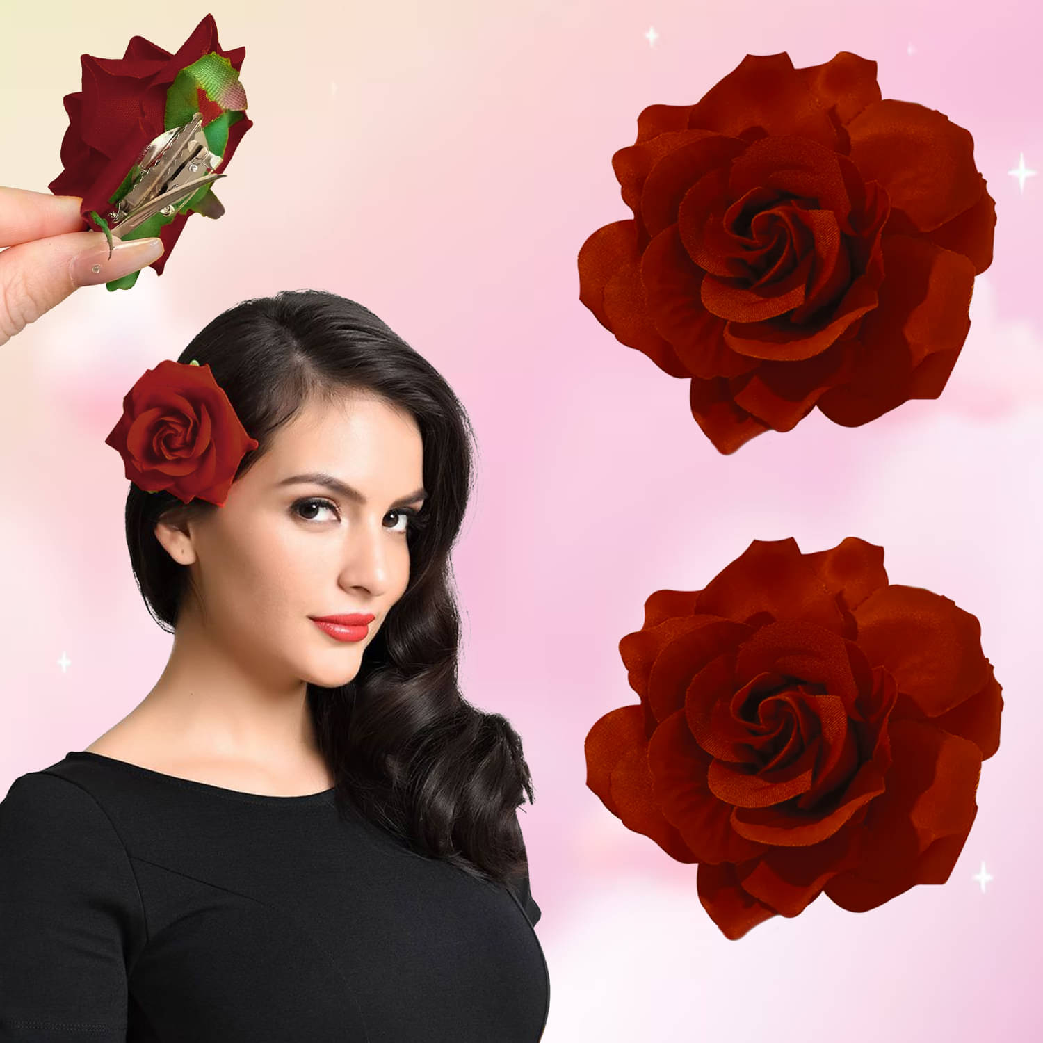     			Artificial Rose Bun Juda Clips, 2Pcs (Mehroon)