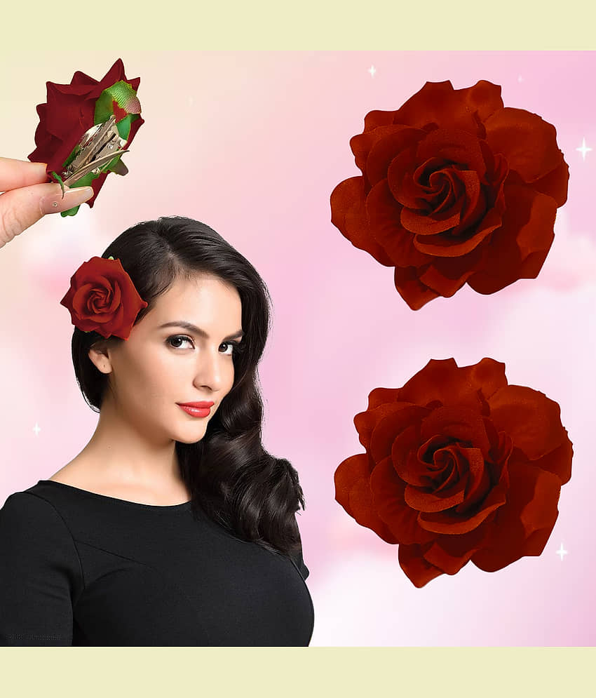 Artificial Rose Bun Juda Clips, 2Pcs (Mehroon) - Jewellery Sets | Buy online on ZillyBuy