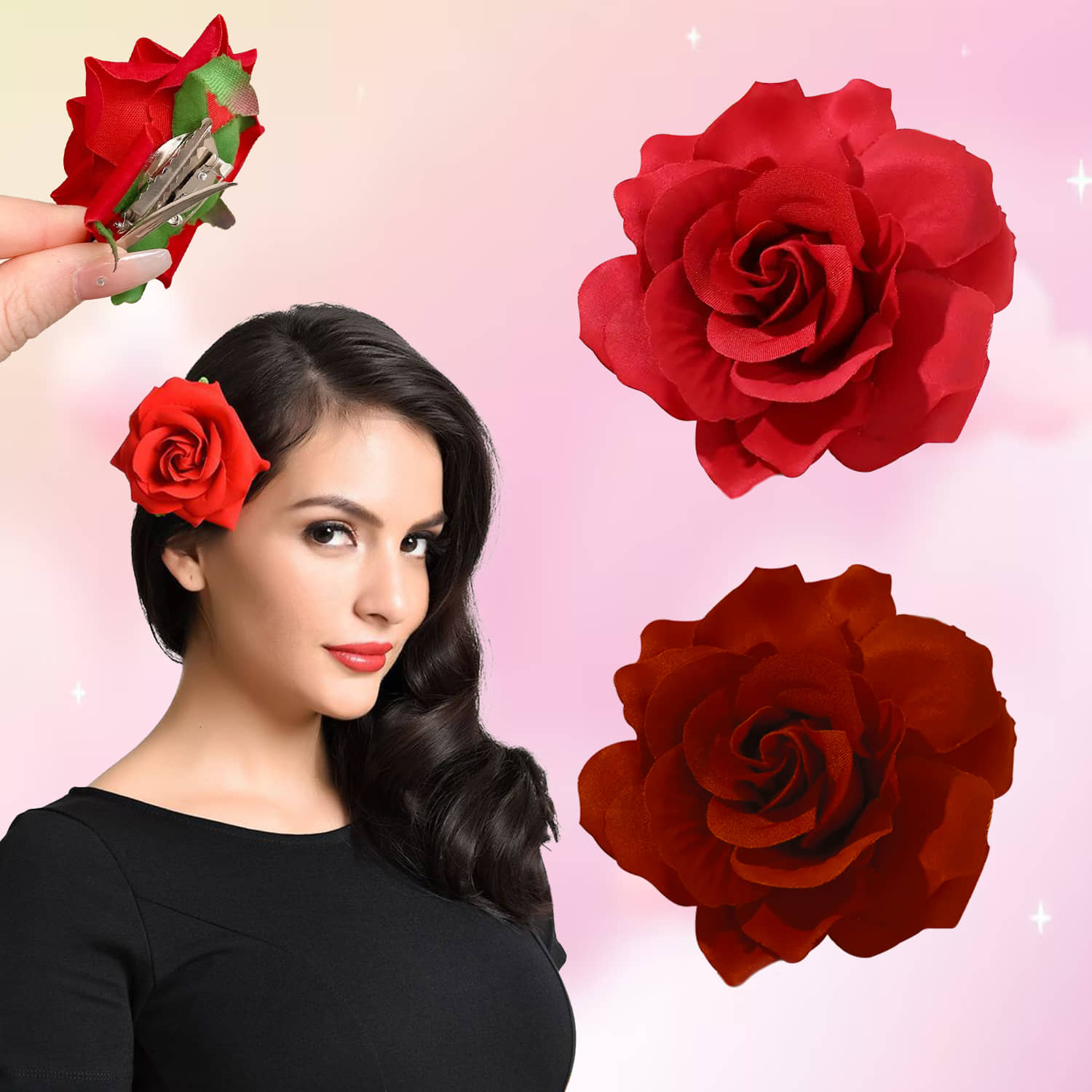 Artificial Rose Bun Juda Clips- 2Pcs (Red/Mehroon) - Jewellery Sets | Buy online on ZillyBuy