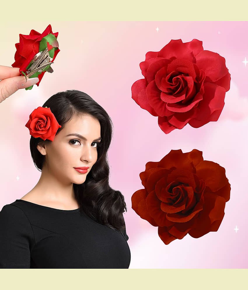 Artificial Rose Bun Juda Clips- 2Pcs (Red/Mehroon) - Jewellery Sets | Buy online on ZillyBuy