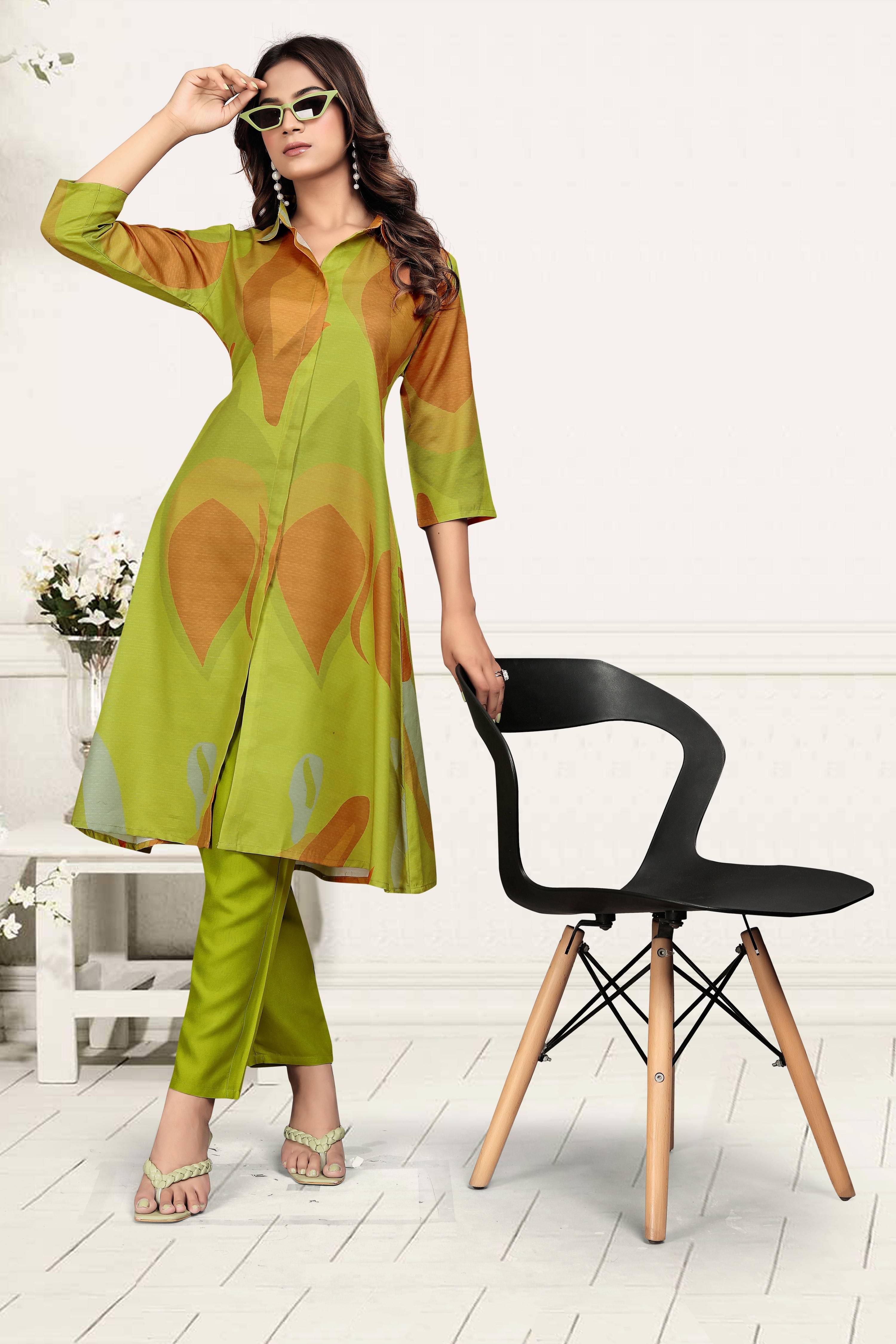     			Lady Shopi Women Cotton Blend Printed Front Slit Kurti With Pants ( Olive )