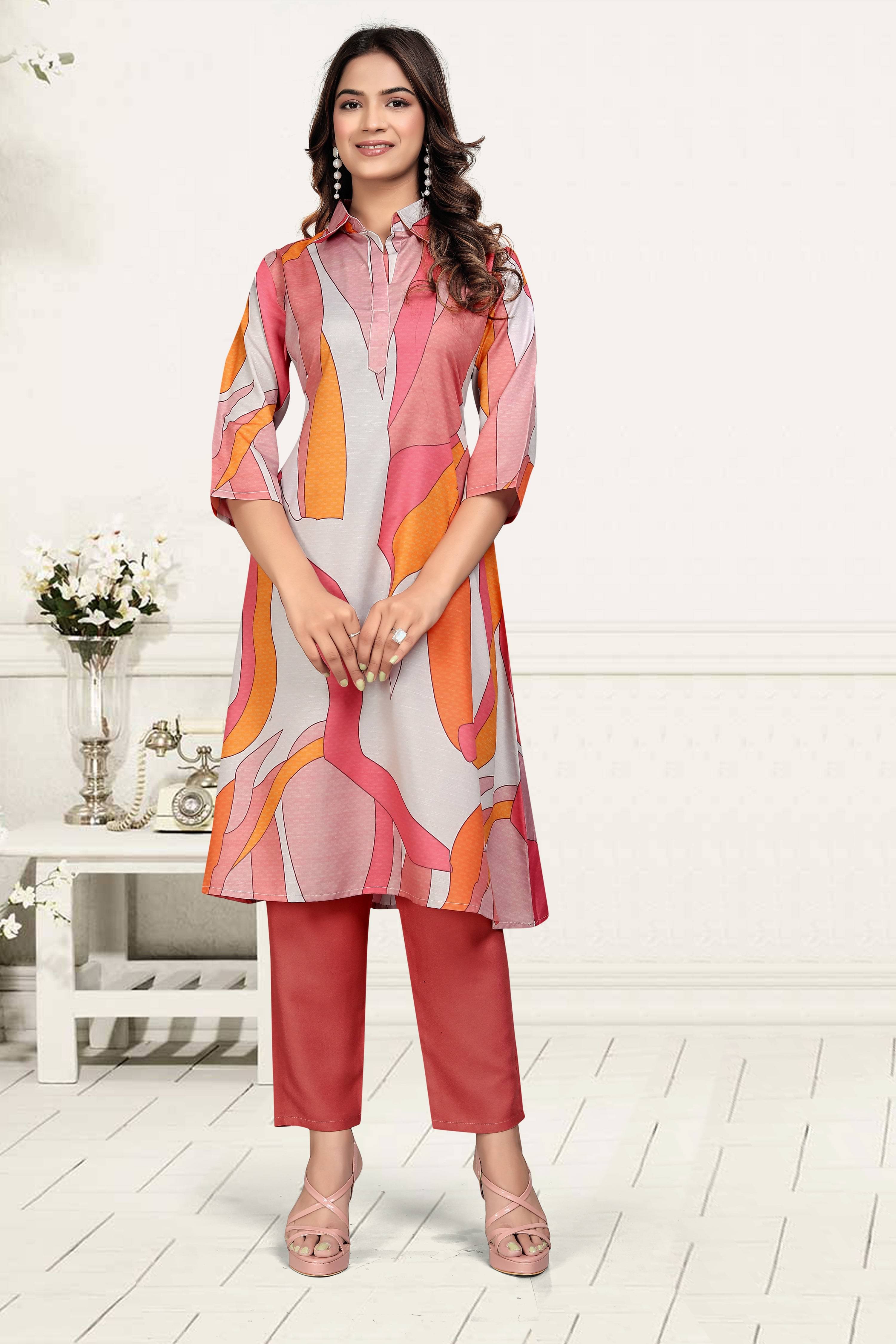 Lady Shopi Women Cotton Blend Printed A-line Kurti With Pants ( Orange ) Lady Shopi Women Cotton Blend Printed A-line Kurti With Pants ( Orange )