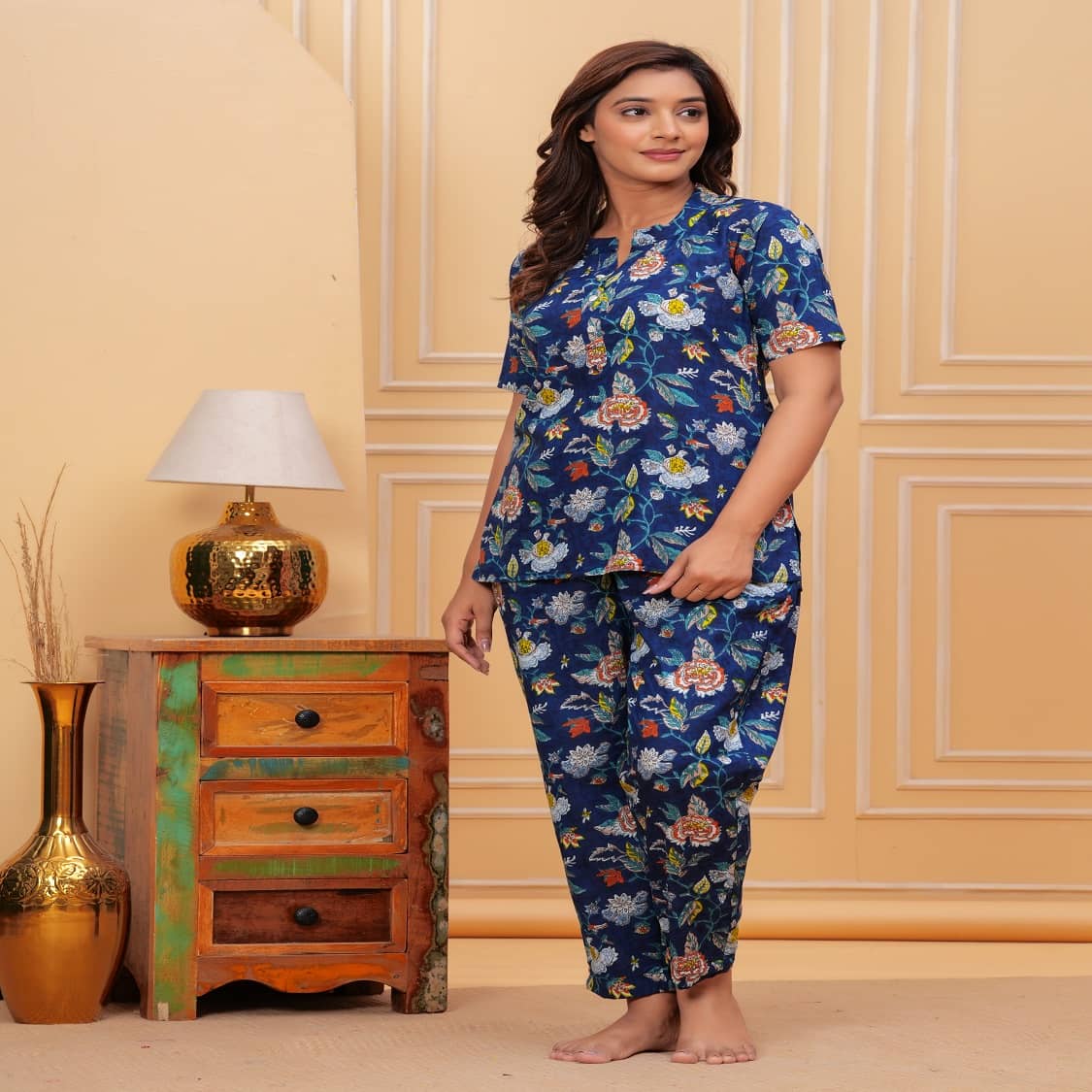 Nevisha Style Women Printed Top With Trousers Co-Ord Set ( Blue )