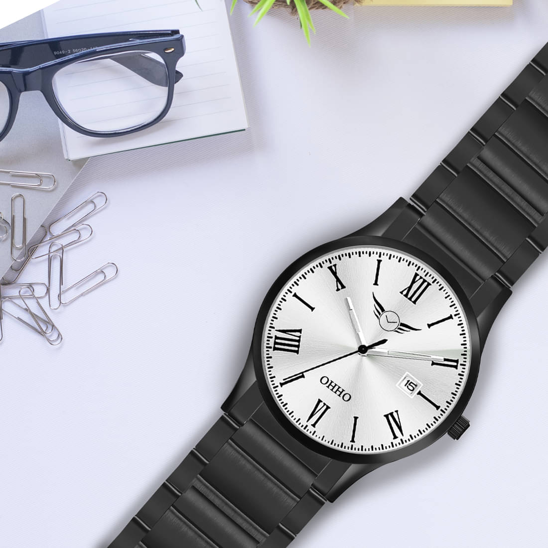     			OHHO Black Stainless Steel Analog Men's Watch