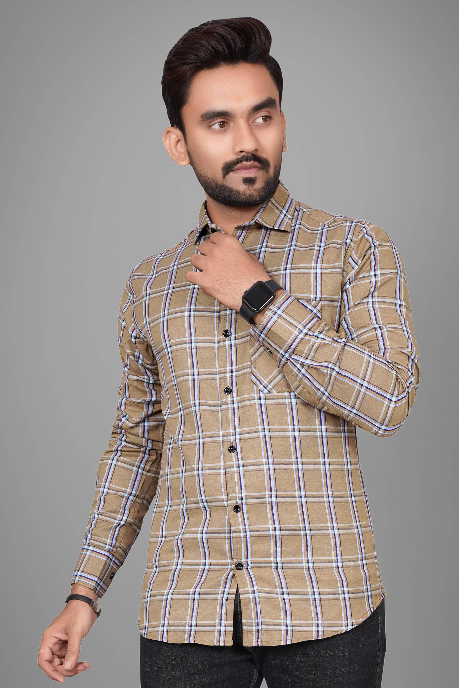 SUR-T Cotton Blend Regular Fit Checks Full Sleeves Men's Casual Shirt - Khaki ( Pack of 1 )     			SUR-T Cotton Blend Regular Fit Checks Full Sleeves Men's Casual Shirt - Khaki ( Pack of 1 )