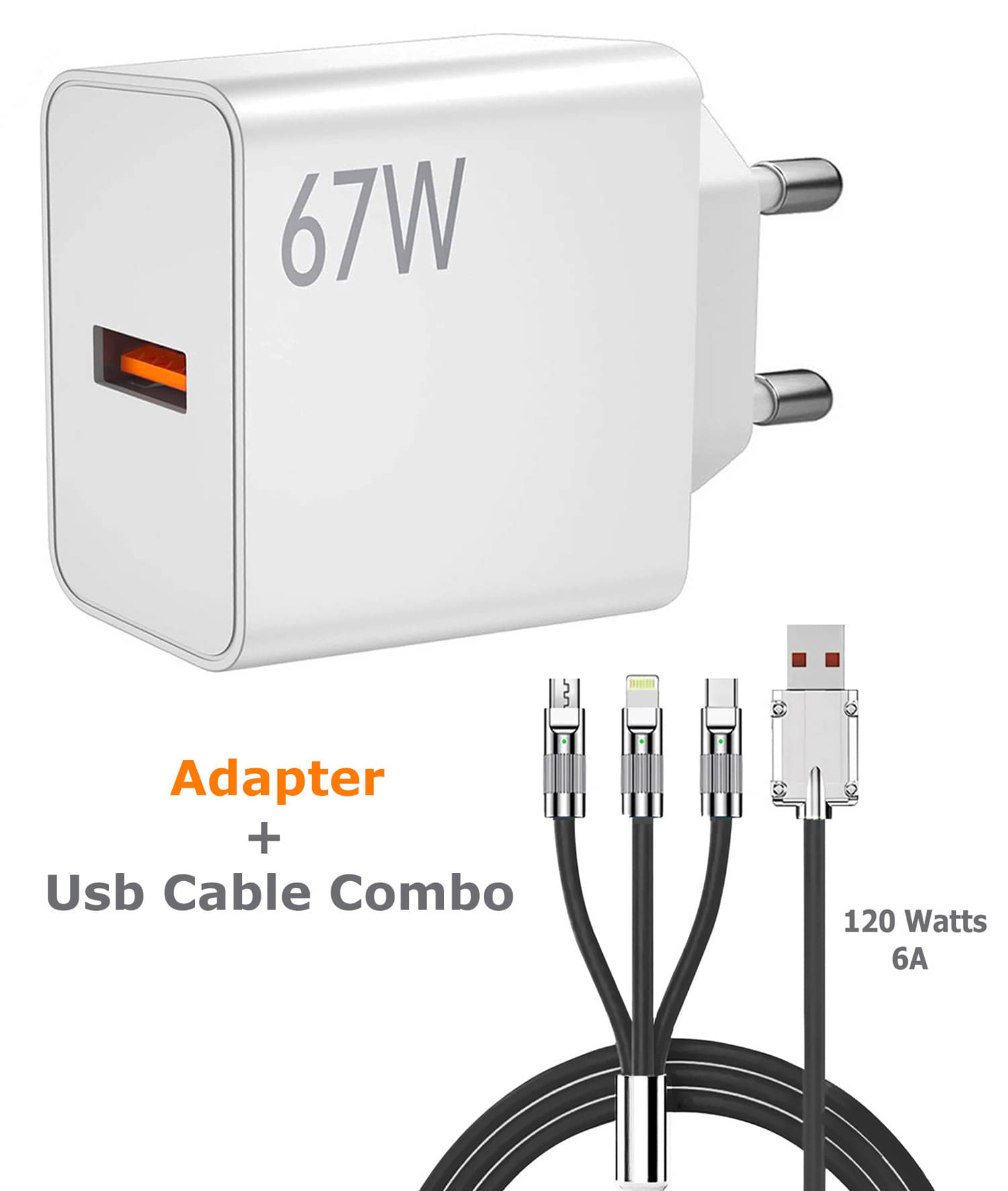     			Vertical9 67W Fast Charger 3-in-1 120W 6amp Fat Cable 1.5m Data Cables for  all Type of Smarphones. - Black