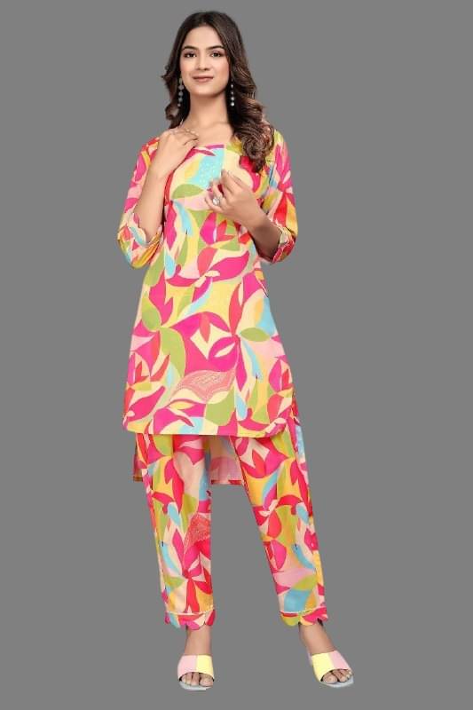 Aika Women Rayon Printed Asymmetrical Kurti With Pants ( Multicolor )     			Aika Women Rayon Printed Asymmetrical Kurti With Pants ( Multicolor )