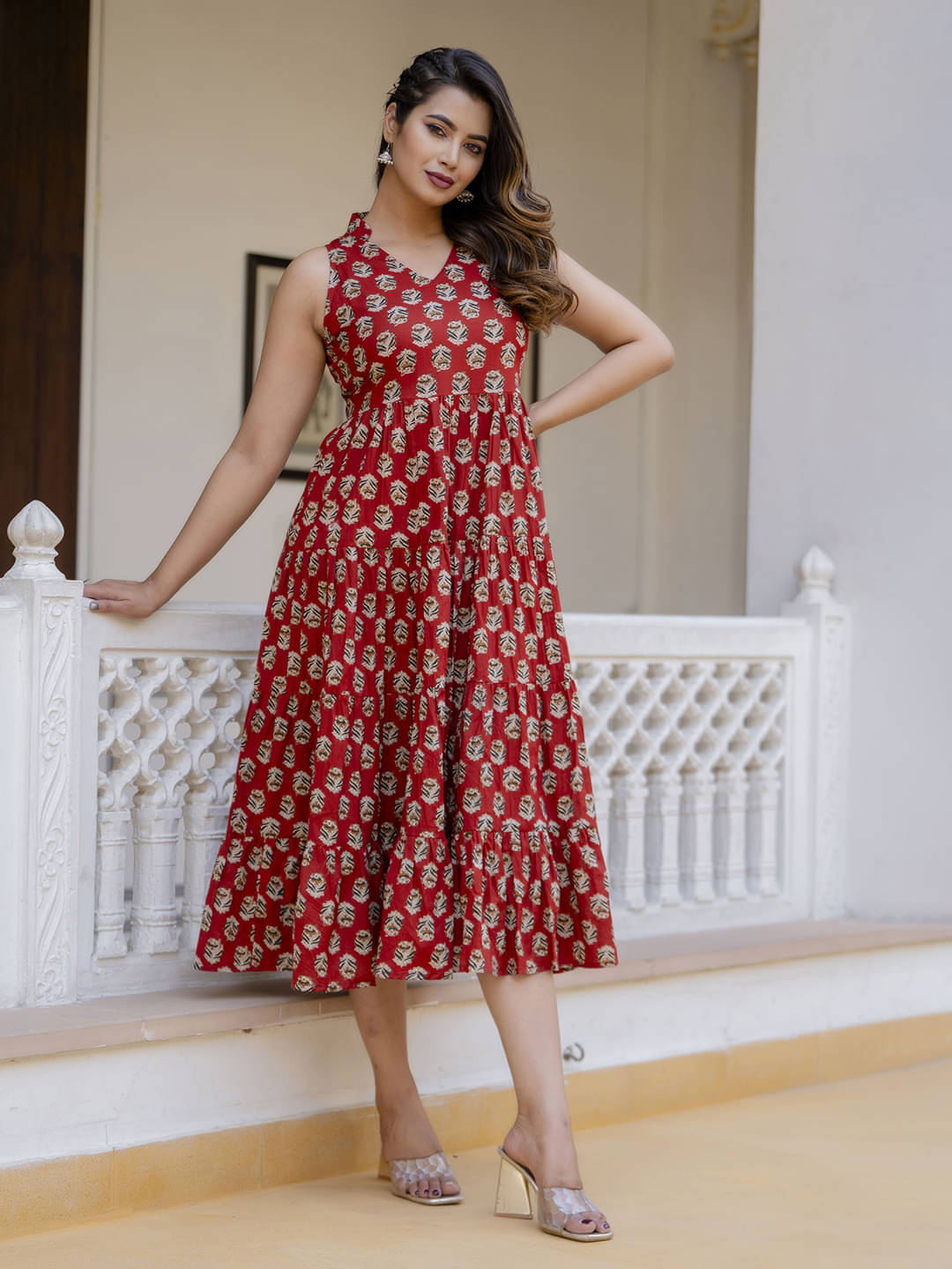     			Antaran Women Cotton Printed Fit & Flare Dress ( Maroon )
