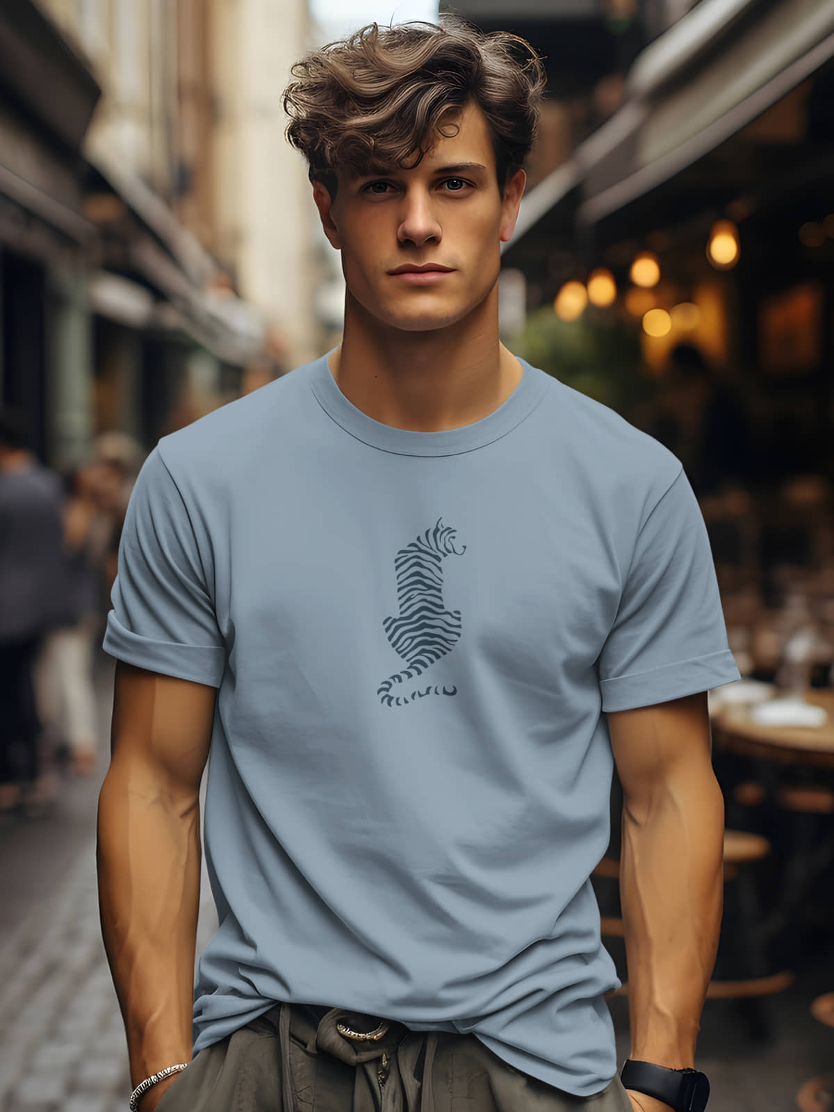 BULLMER MenTrendy Printed Cotton Blend Regular Fit Crew Neck_Round Neck Half Sleeve Tshirt_Bluish Grey