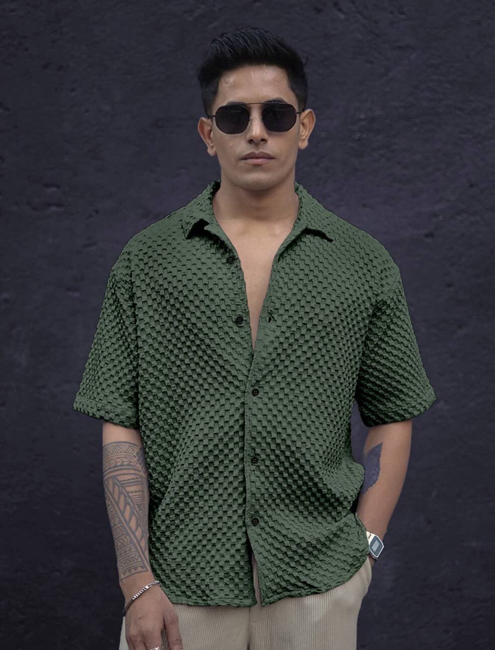 Bombay Begum Cotton Blend Regular Fit Popcorn Textured 3/4th Sleeves Men's Casual Shirt - Green ( Pack of 1 )