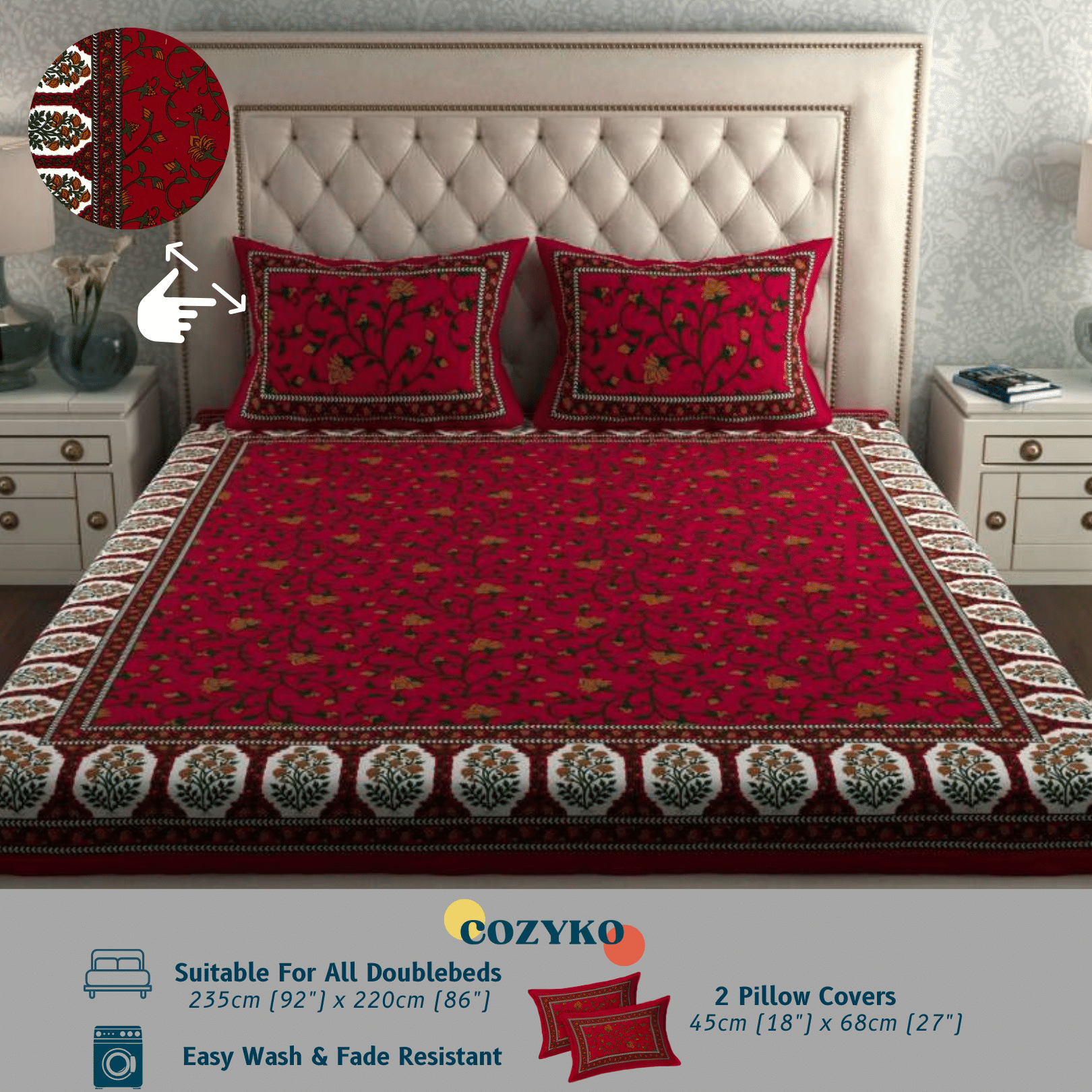     			COZYKO Cotton 1 Double Bedsheet with 2 Pillow Covers ( Red )