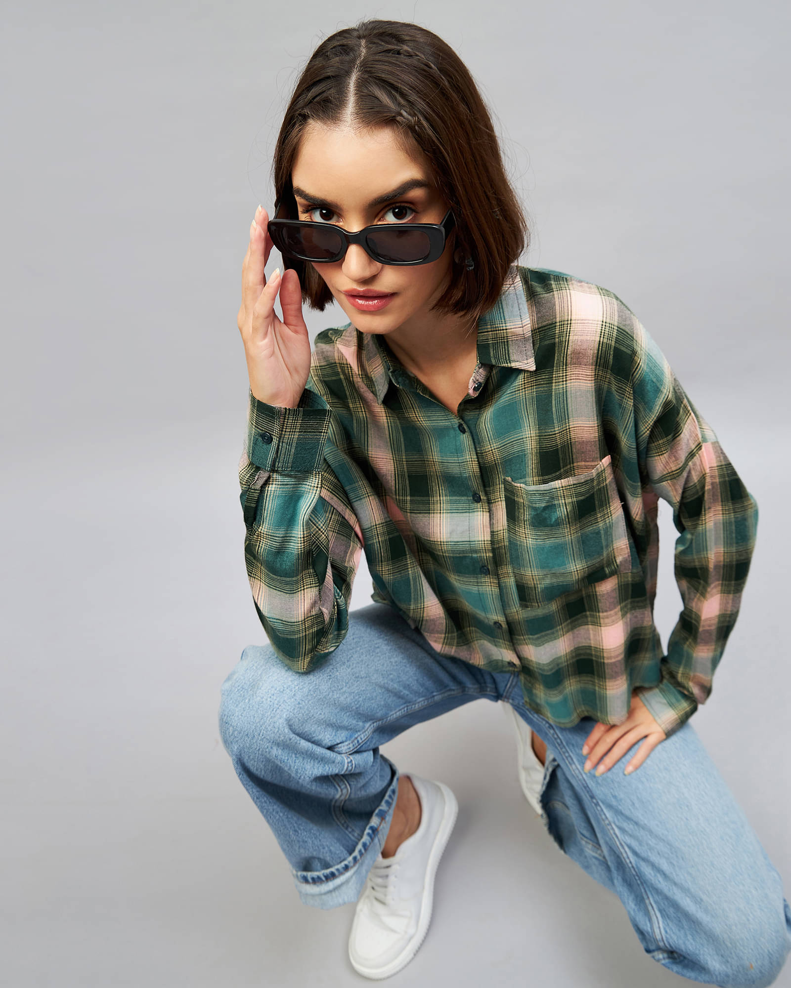     			Chimpaaanzee Women Checks Viscose Shirt ( Green )