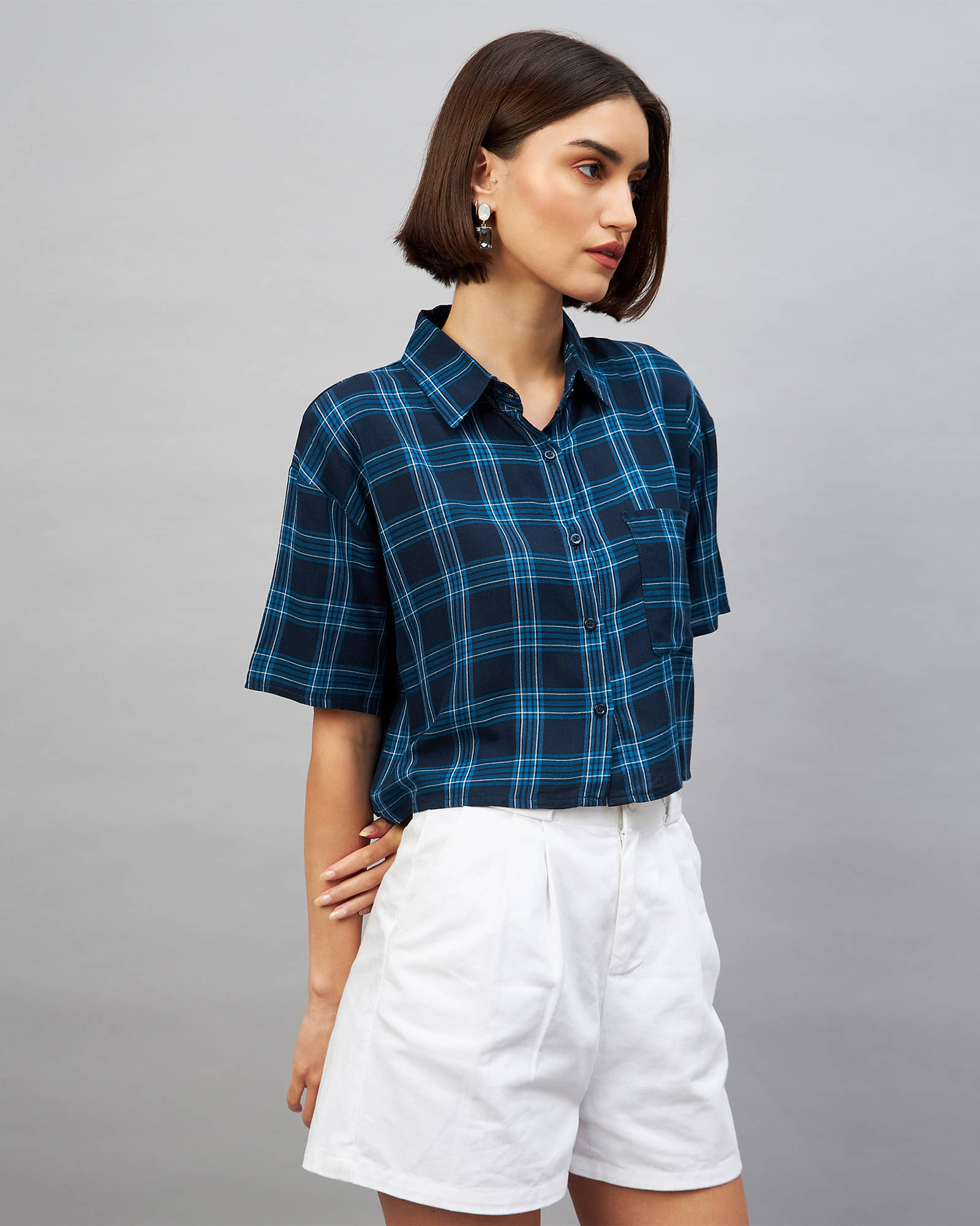 Chimpaaanzee Women Checks Viscose Shirt ( Navy Blue ) Chimpaaanzee Women Checks Viscose Shirt ( Navy Blue )