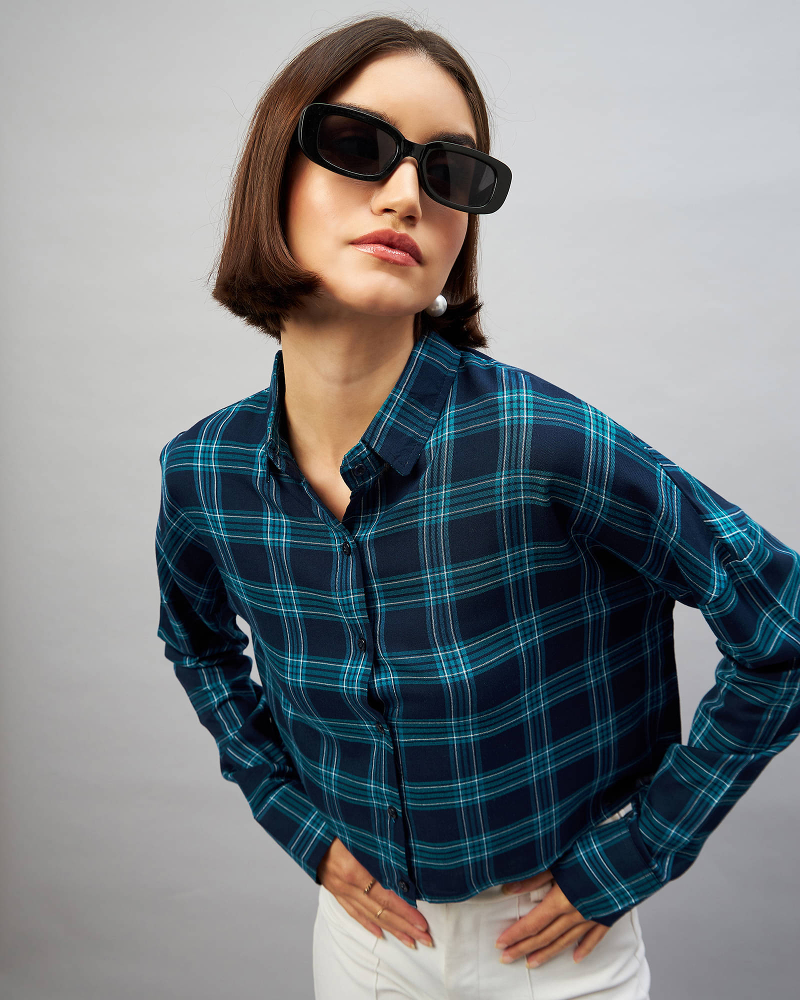     			Chimpaaanzee Women Checks Viscose Shirt ( Navy Blue )