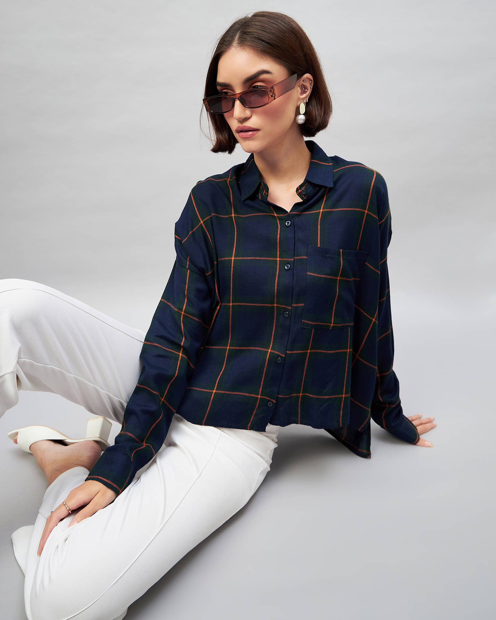     			Chimpaaanzee Women Checks Viscose Shirt ( Navy Blue )