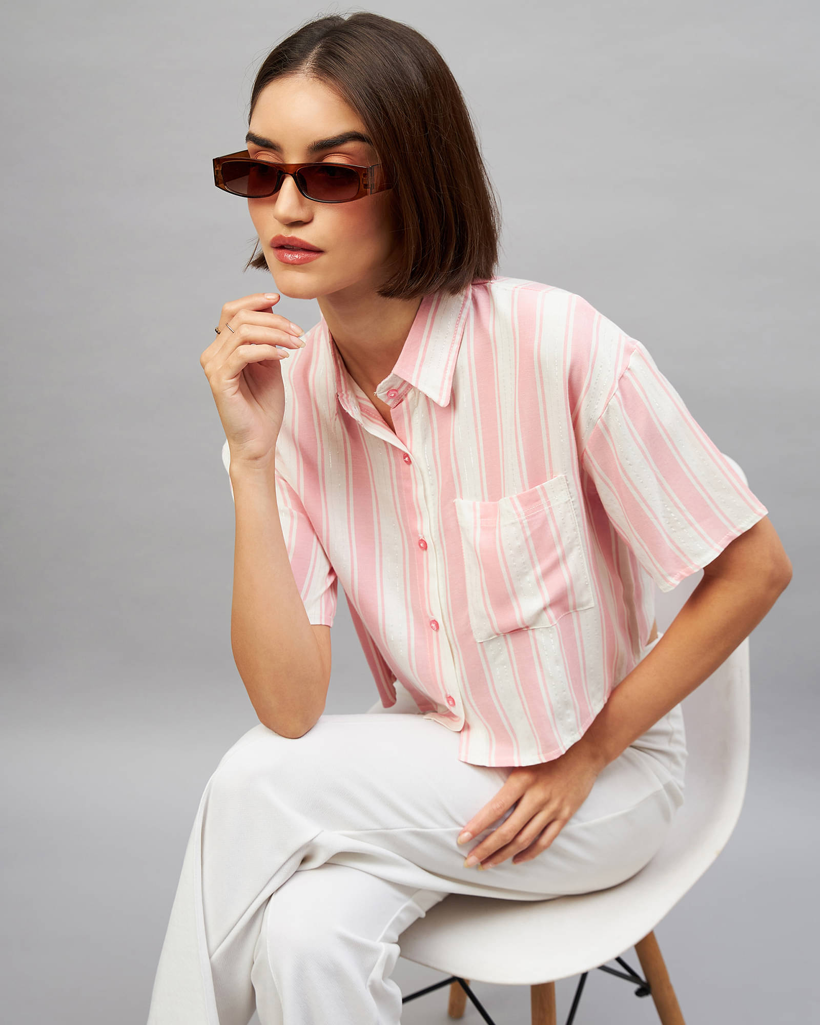 Chimpaaanzee Women Striped Viscose Shirt ( Pink )     			Chimpaaanzee Women Striped Viscose Shirt ( Pink )