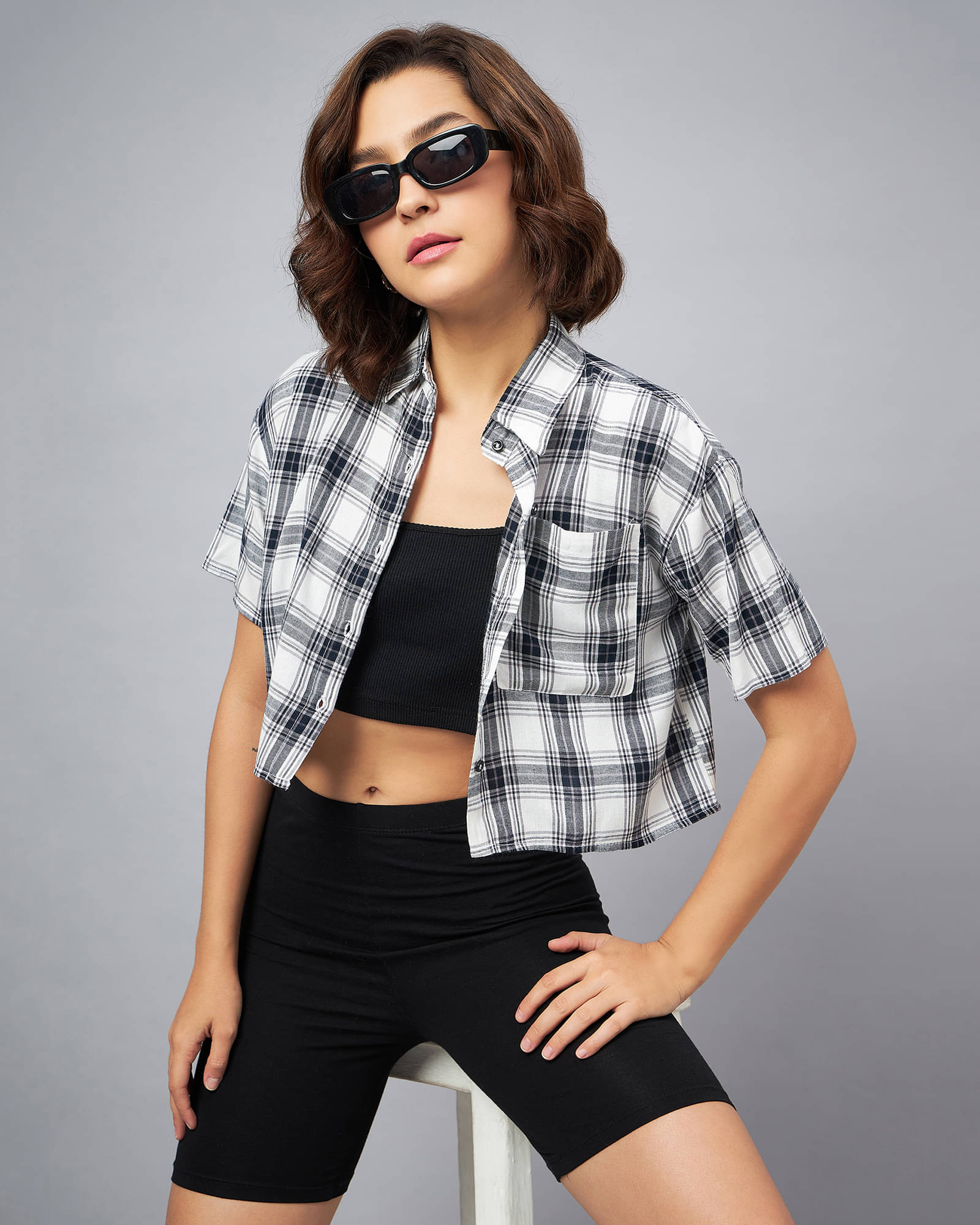     			Chimpaaanzee Women Checks Viscose Shirt ( White )