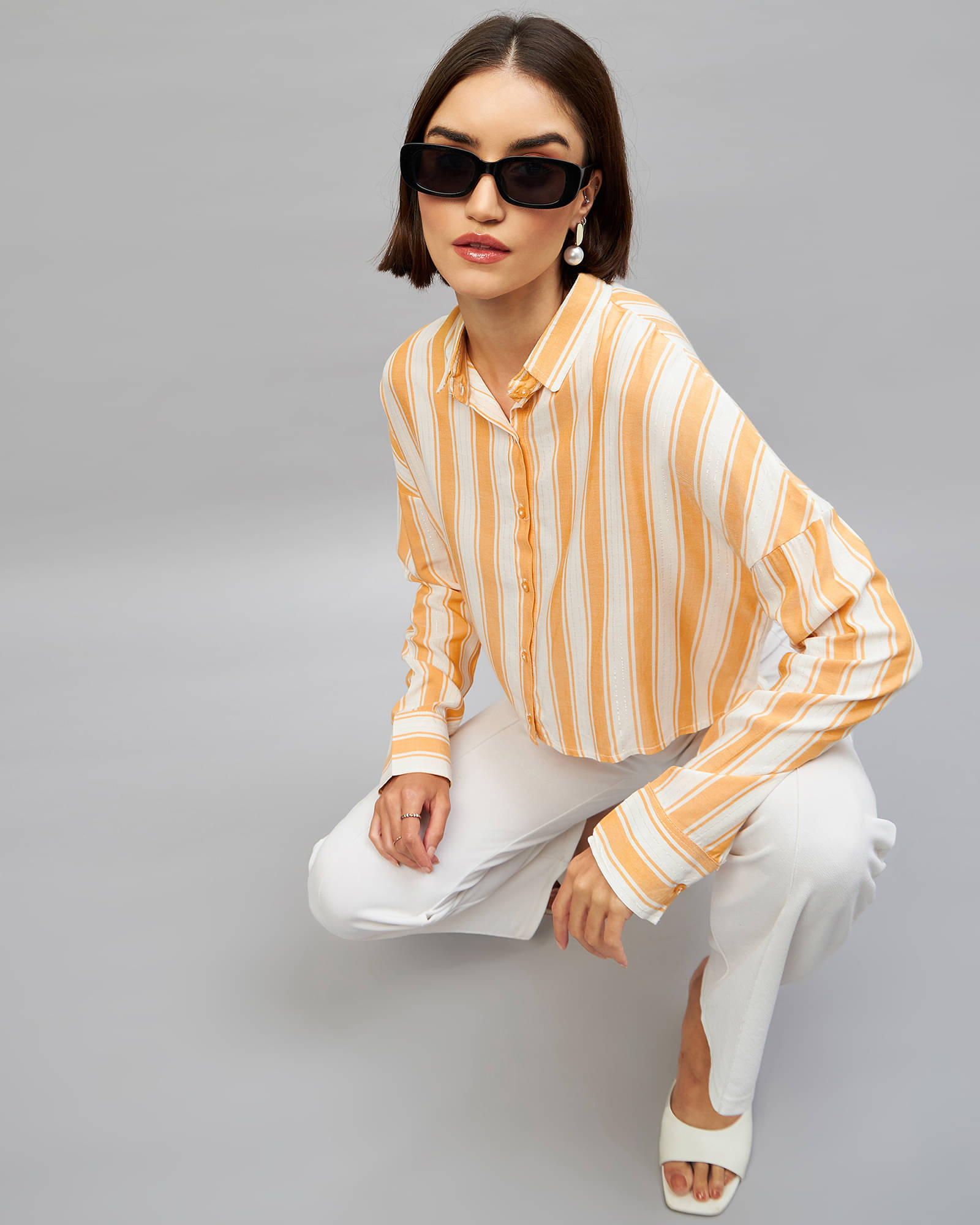 Chimpaaanzee Women Striped Viscose Shirt ( Yellow ) Chimpaaanzee Women Striped Viscose Shirt ( Yellow )