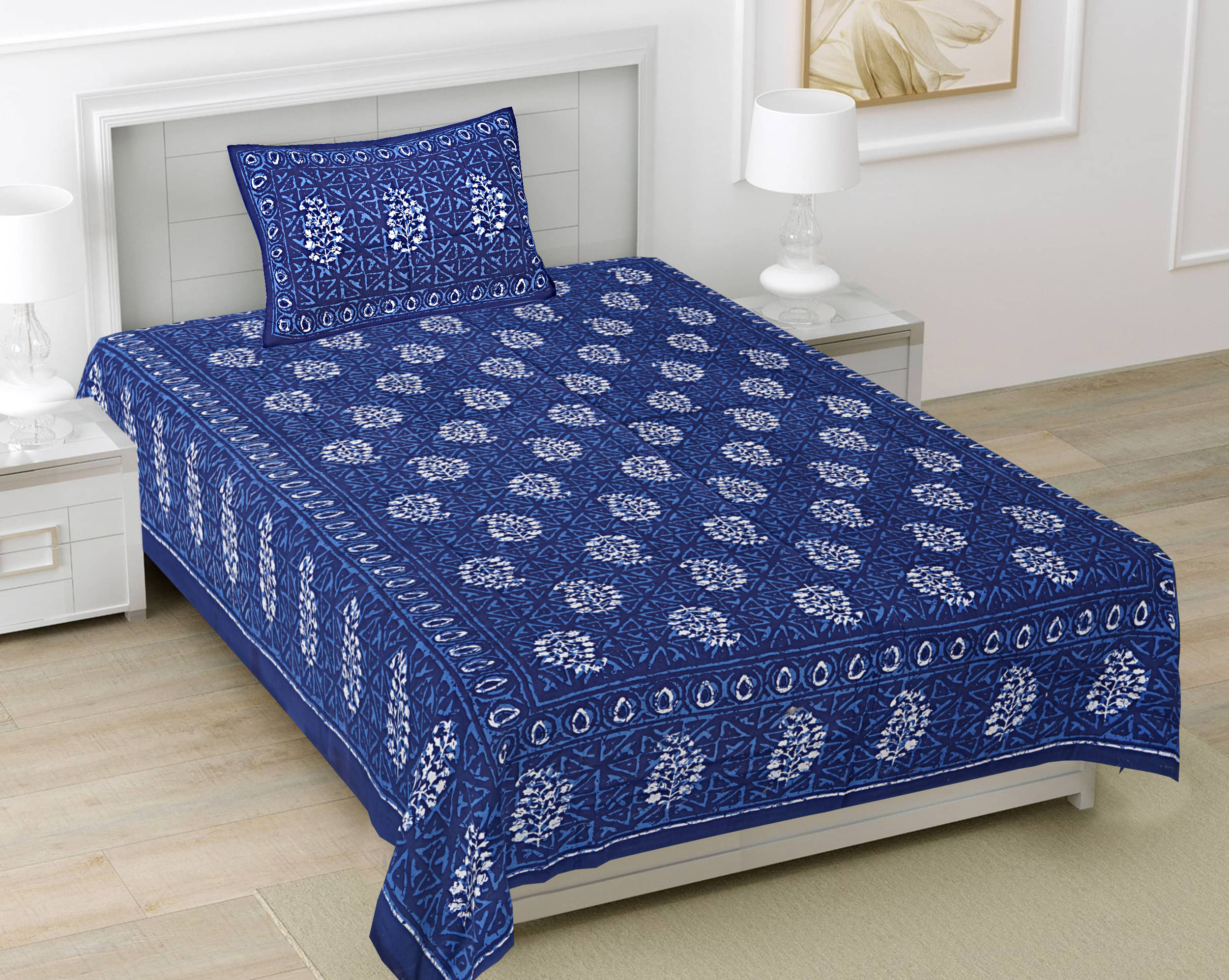     			FrionKandy Living Cotton 1 Single Bedsheet with 1 Pillow Cover ( Indigo )